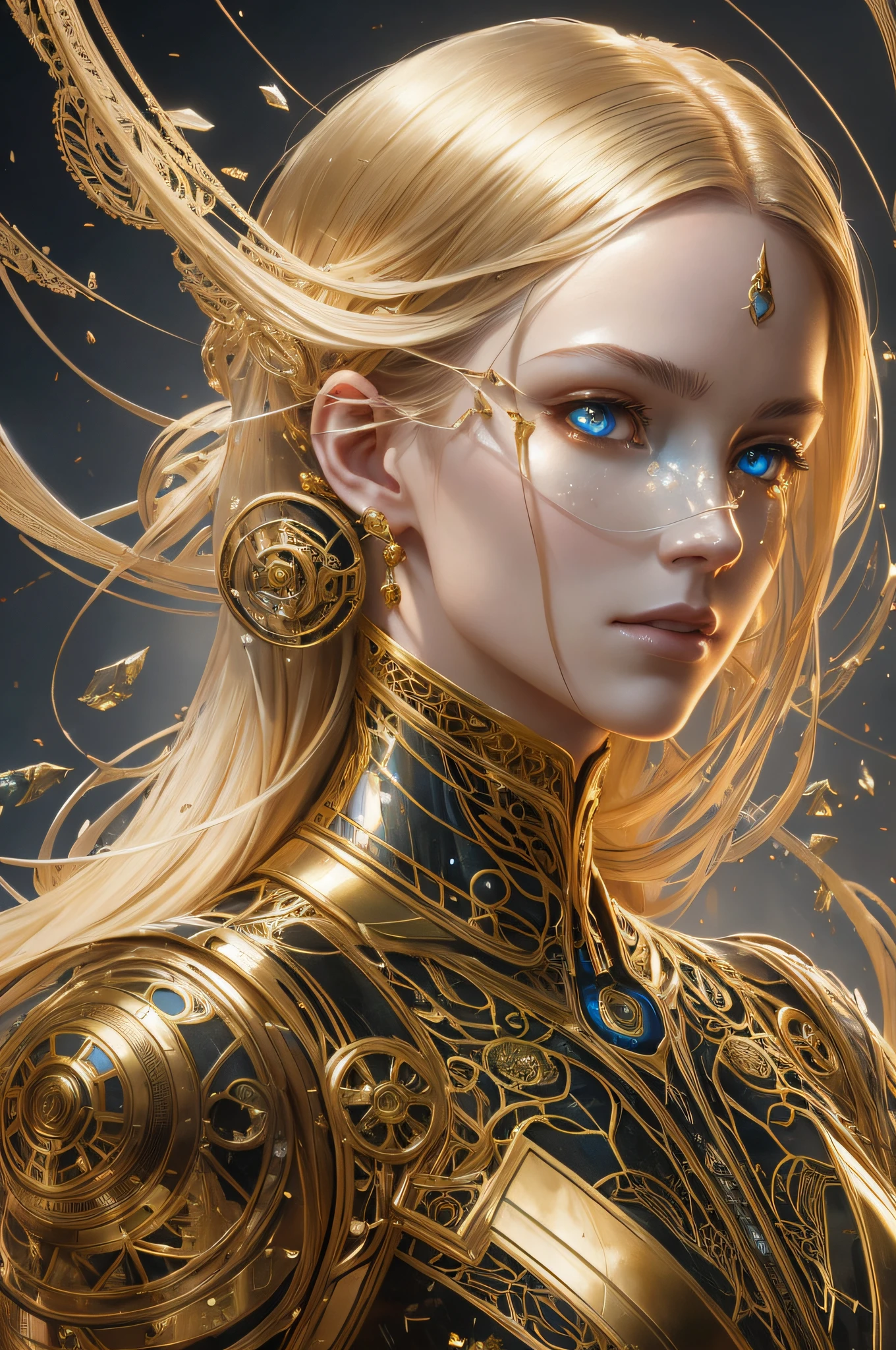Portrait of a beautiful cyborg with 8k golden hair, intricate, elegant, finely detailed, majestic, digital photography, artgerm and the work of Ruan Jia and Greg Rutkowski, surreal painting, filigree, broken glass, (masterpiece, Side light, fine and beautiful eyes: 1.2), HDR --auto --s2