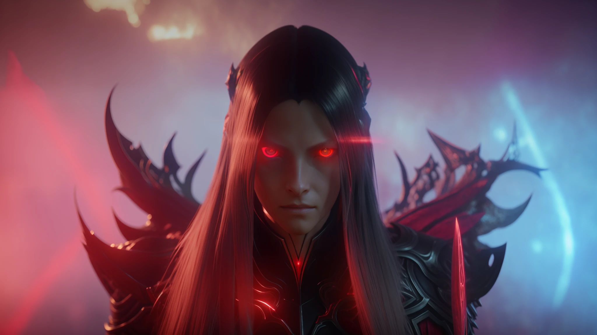 a close up of a person with long hair and red eyes, shadowbringers cinematic, elden ring boss, elden ring cinematic lighting, with glowing red eyes, with red glowing eyes, astri lohne, alucard, unreal engine render saint seiya, elden ring official, intense watery glowing red eyes, from lineage 2, cinematic red lighting