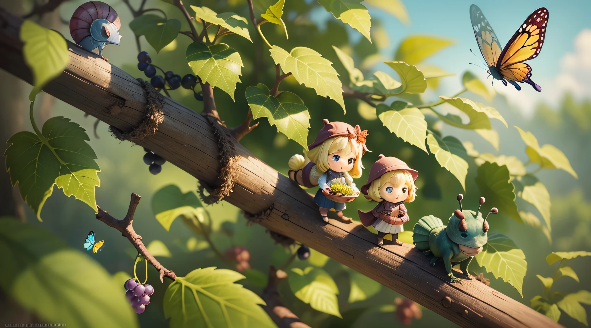 Little people, carrying tiny snail shells, climbing and climbing on the vines. The vine is full of grapes, and a butterfly flies around the villain. --auto --s2
