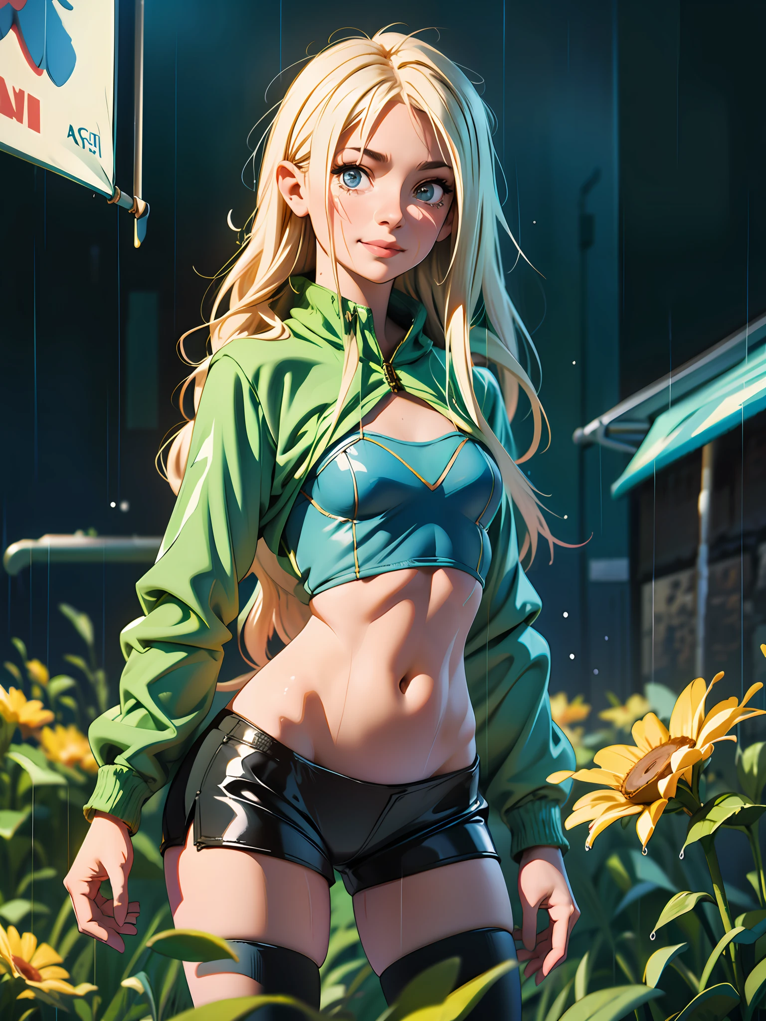 illustration, (smile,:1),(raining,wet,splash:1.3), (string,abs,small breasts,:1.1),(thin transparent wet clothes,sfw),thighs, battlefield, (slim, fit,flat chest, petite,ukranian,) photo realistic, high definition, detailed realistic, detailed, hyper detailed, realistic skin texture, ultra high resolution, high resolution,flag painted, (masterpiece, best quality), face tears,