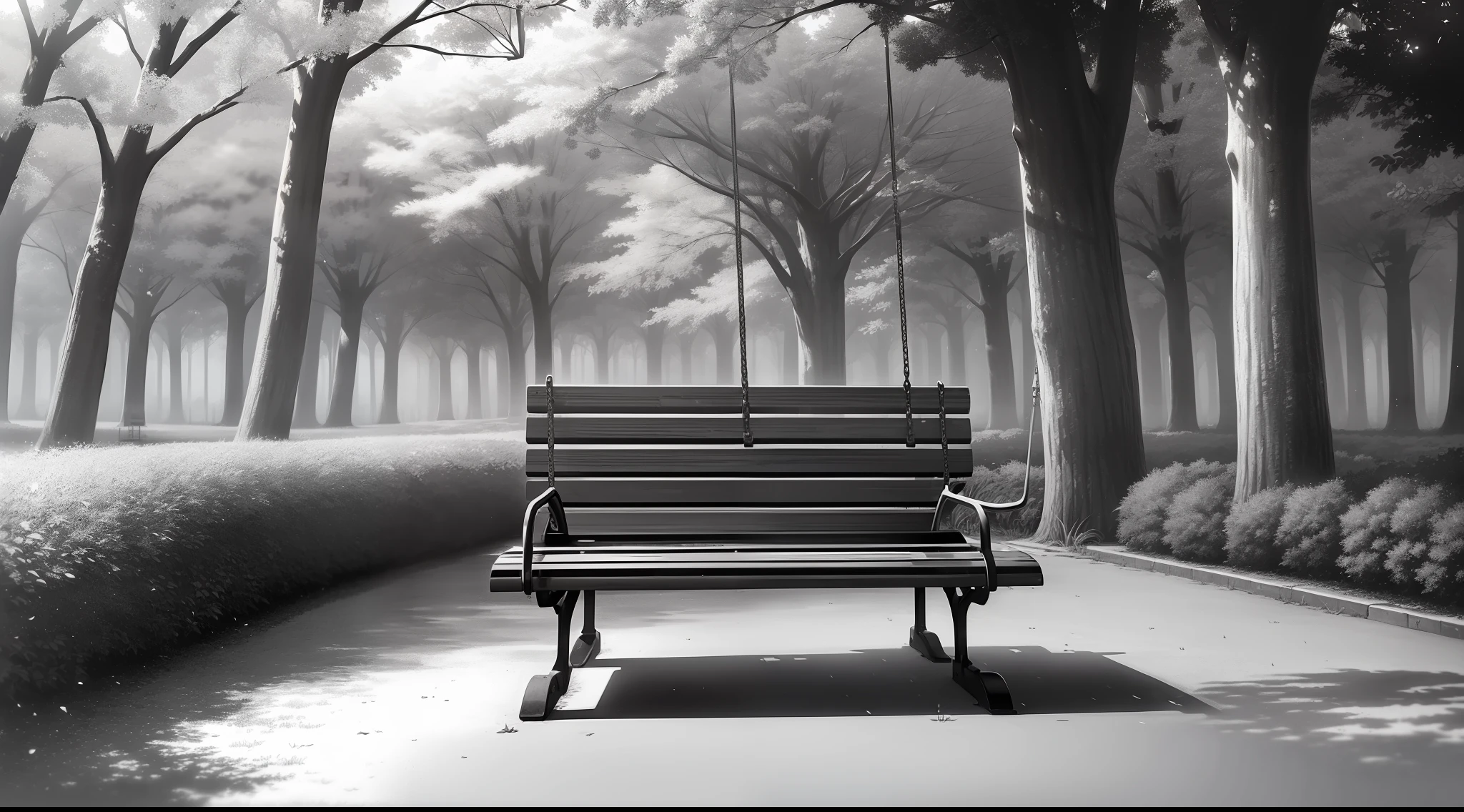 ((no gray)),((monochrome))),((line art))),((unmanned)),Akihiko Yoshida,drop shadow, night, forest, tree, cloud, park,((bench)),((slide)),((swing))