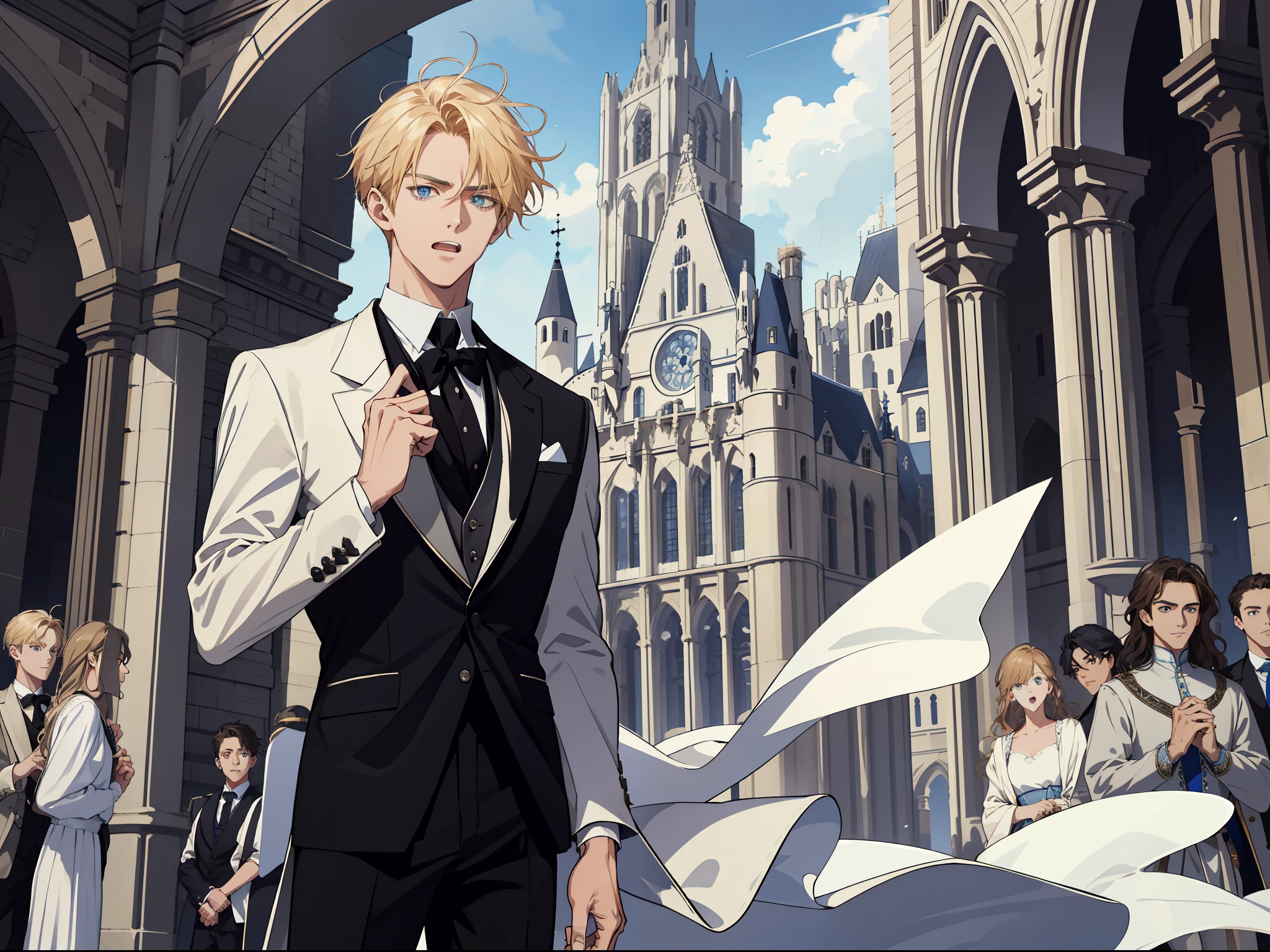 (ridiculous, high resolution, super detailed), 1 male, teenager, handsome, delicate eyes and delicate face, medieval attire, off-white casual clothes, black tie, black pants, square, crowd, blue sky, open mouth, (surprised), irritated, clenched fist, hollanda, sideways, looking ahead, wavy blonde hair,