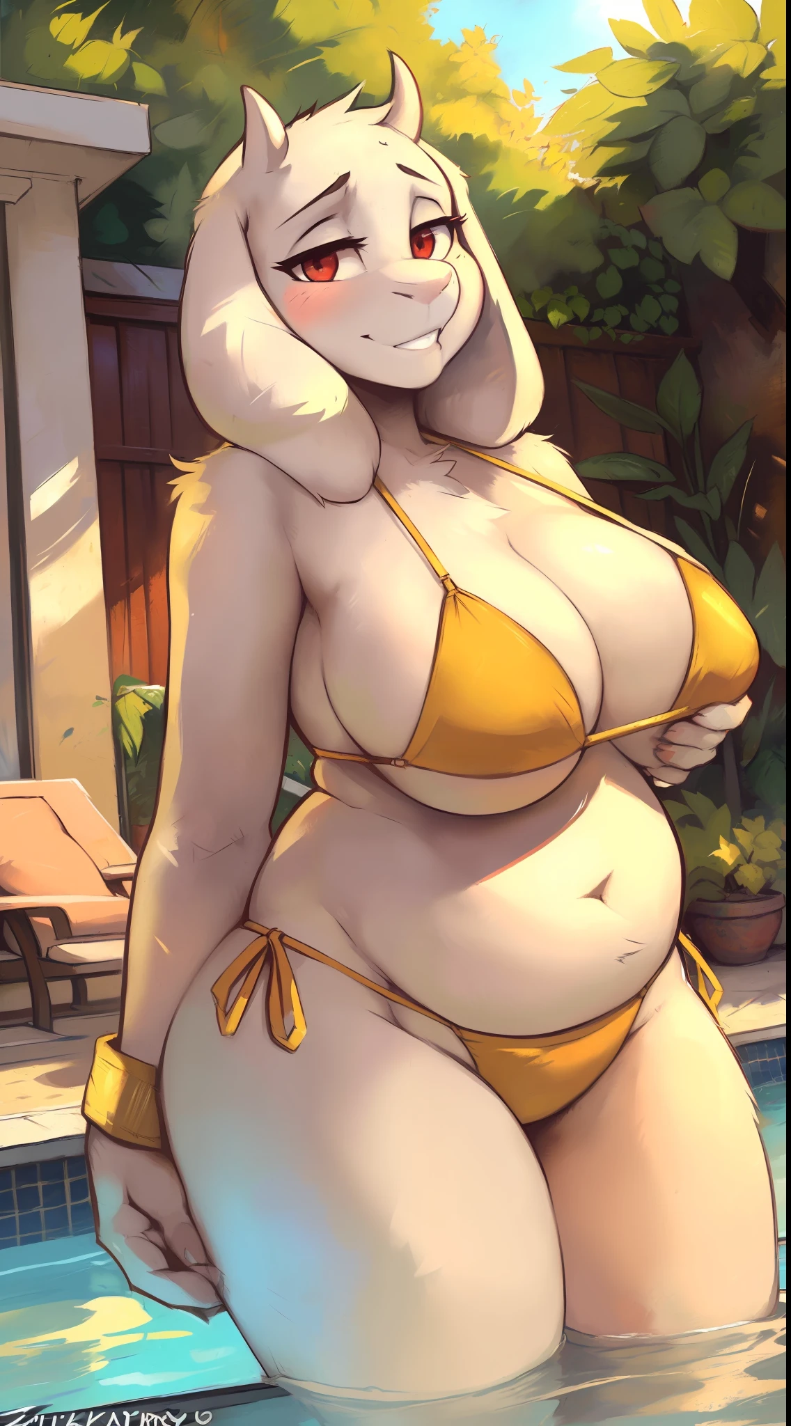 uploaded on e621, (((by Zackary911, by Kenket, by Kilinah, by Zackary911))), solo female (((Toriel))), wear (((golden wristband and jewelry and golden bikini))), (detailed goat Toriel), (detailed lighting),(detailed fur), (detailed breasts), (detailed skin), BREAK, ((standing at hotel suite outdoor swimming pool with plant on sunny day)), (cinematic lighting), ((detailed background)), ((depth of field)), (half body shadow), ((looking at viewer)), (low-angle view), ((three-quarter view)), [backlighting], [detailed ambient light], [gray natural lighting], [ambient light on the belly], [realistic proportions], [explicit content, adult, nsfw], [sharp focus], (questionable content), (shaded), (hi res), ((masterpiece)), mom, mature woman, milf, half-closed eyes, chubby, Big breast, thicc, red eyes