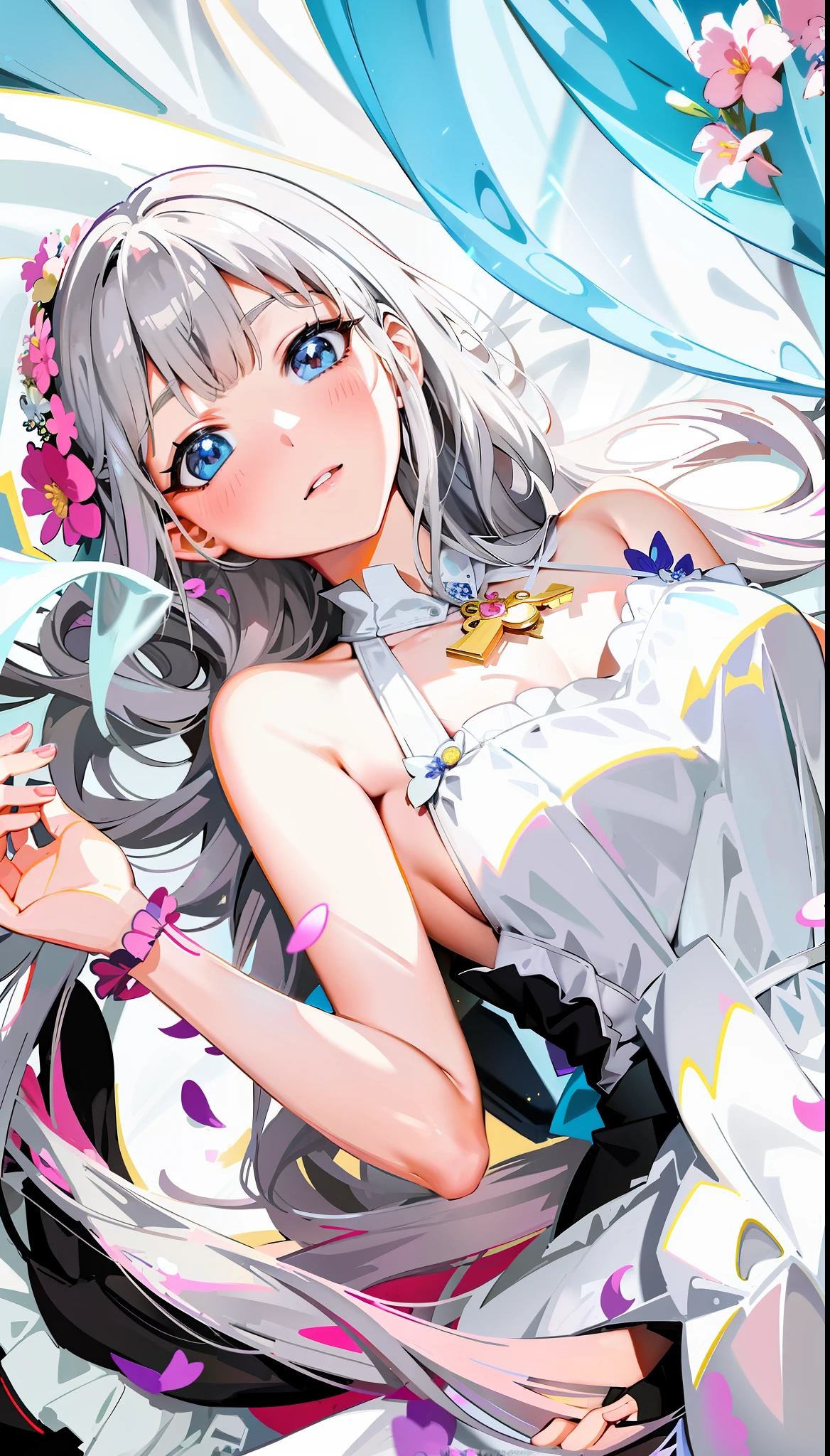 anime girl laying on a bed with a flower in her hair, best anime 4k konachan wallpaper, detailed key anime art, anime art wallpaper 8 k, anime style 4 k, cute anime waifu in a nice dress, detailed digital anime art, anime art wallpaper 4 k, anime art wallpaper 4k, li in dress, 4 k manga wallpaper