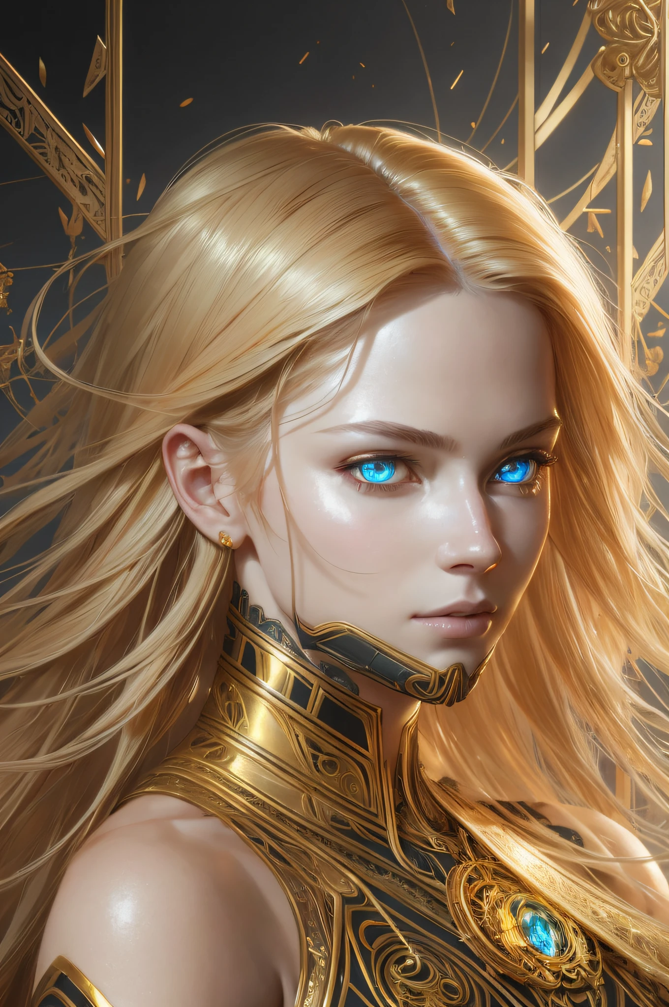 Portrait of a beautiful cyborg with 8k golden hair, intricate, elegant, finely detailed, majestic, digital photography, artgerm and the work of Ruan Jia and Greg Rutkowski, surreal painting, filigree, broken glass, (masterpiece, Side light, fine and beautiful eyes: 1.2), HDR --auto --s2