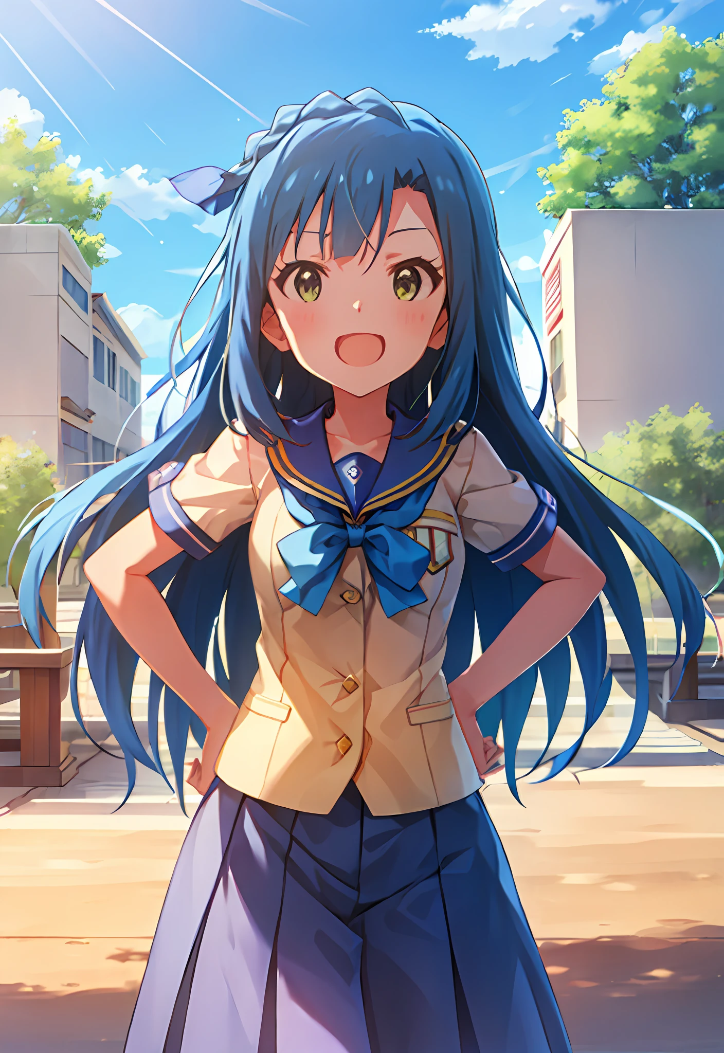 Yuriko Nanao (Million Live), (Top Quality, 8K, Masterpiece, Super Detail: 1.2), Cinematic Angle,
day, dappled sunlight, blue sky, beautiful clouds, cityscape, lens flare, glow, light particles, wide shot,
1 girl, solo, skirt, smile, watch viewer, sailor color, pleated skirt, short sleeve, school uniform, blush, seravuk, collarbone, ribbon, upper body, adjusted hair, wind, floating hair,hands on hips.breast.make a fist.