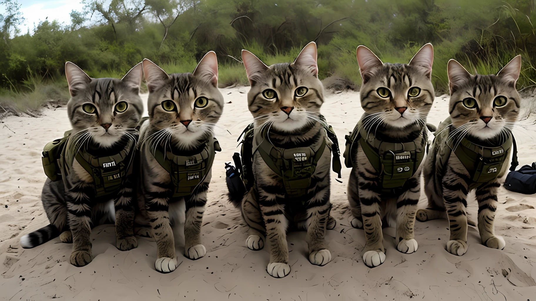 GoPro footage of badass cat group, army style, camouflage vest, beach, looking camera, soft volume light,