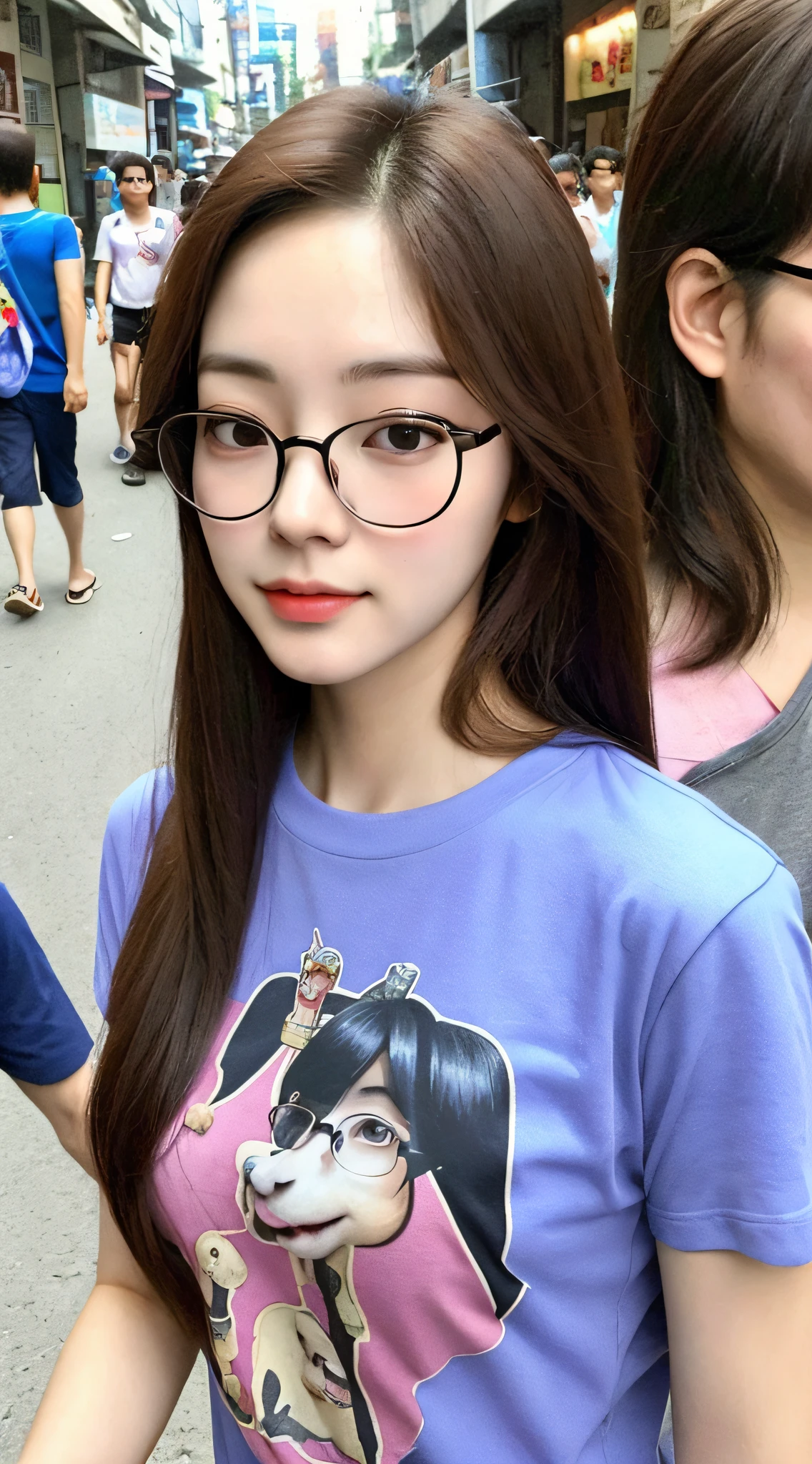 A realistic photo of (1 cute Korean heroine) with shoulder-length hair, thin make-up, wearing glasses, medium chest. cartoon horse shirt Photos taken on the streets of Bangkok, crowded people, taking selfies, clear faces, 8K high definition, sharp and realistic details.