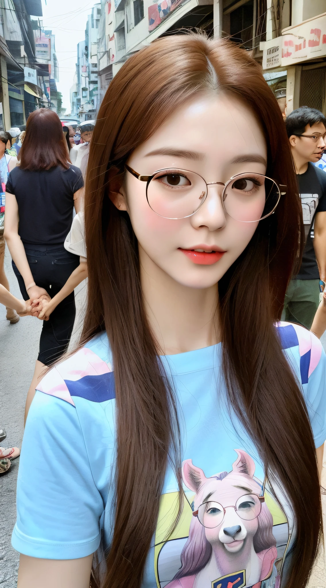 A realistic photo of (1 cute Korean heroine) with shoulder-length hair, thin make-up, wearing glasses, medium chest. cartoon horse shirt Photos taken on the streets of Bangkok, crowded people, taking selfies, clear faces, 8K high definition, sharp and realistic details.