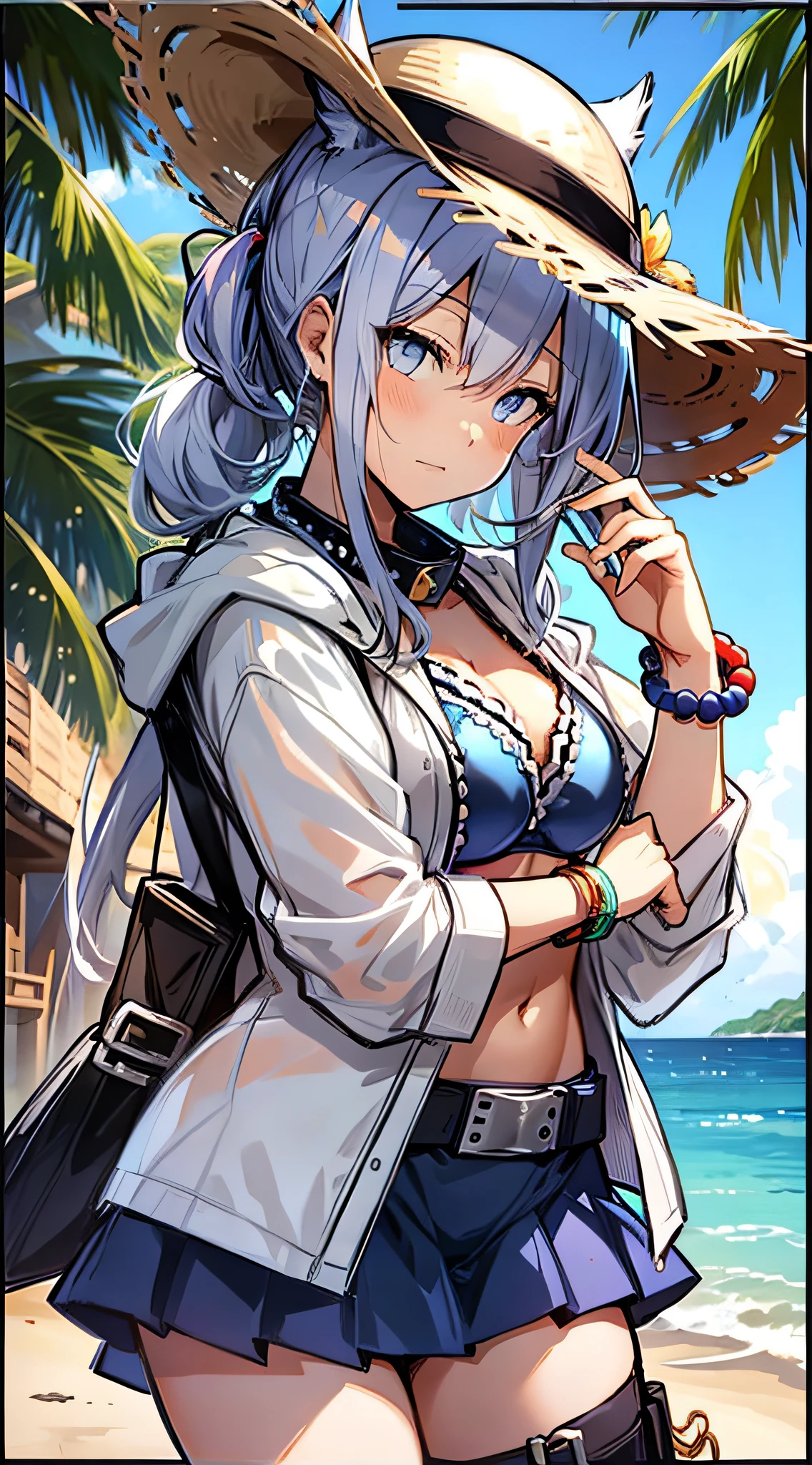 1 girl, animal ears, cat ears, ponytail, middle breast, school swimsuit, open shirt, skirt, thigh strap, belt, beaded bracelet, collar, straw hat, sea, cowboy shot, (summer attire: 0.7),