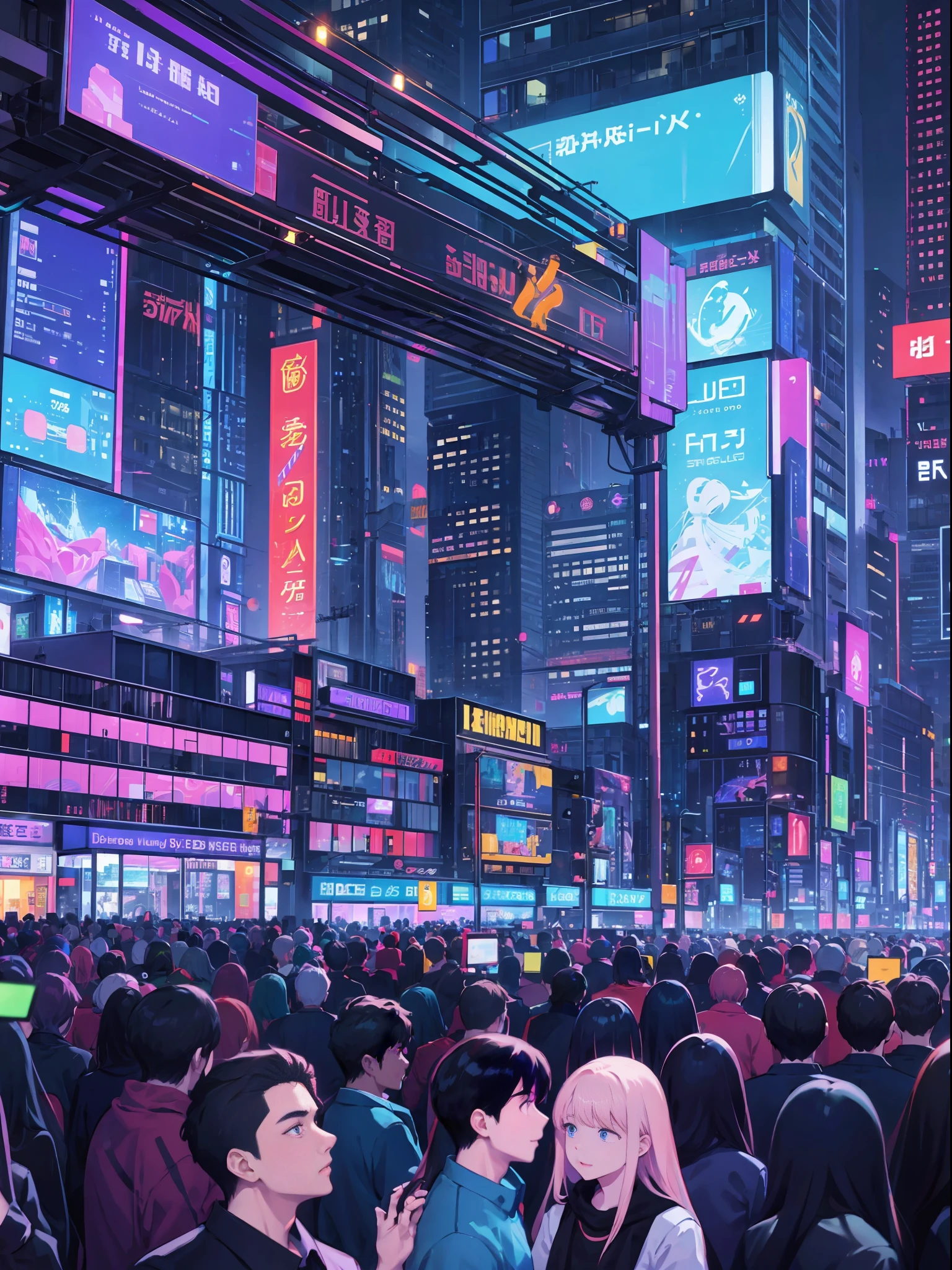 Imaginary city, near future (LED vision), (people gathering in LED vision), crowd of people, billboard, cyber, AI, view from the ground, night view, bright colors, disciplined building --auto --s2