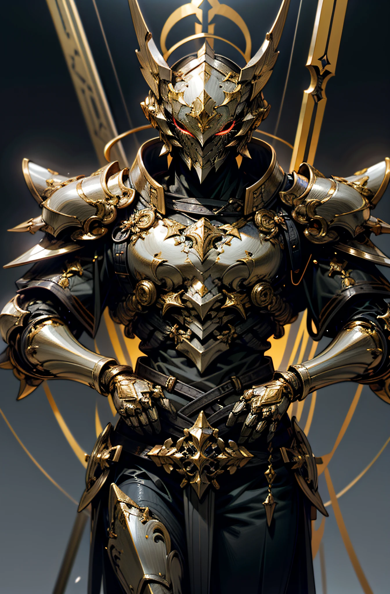 Armor, mainly gold, armor core on the chest, golden streamer, armor, red eye, best quality, high resolution, exquisite details, excellent details, perfect lighting, male