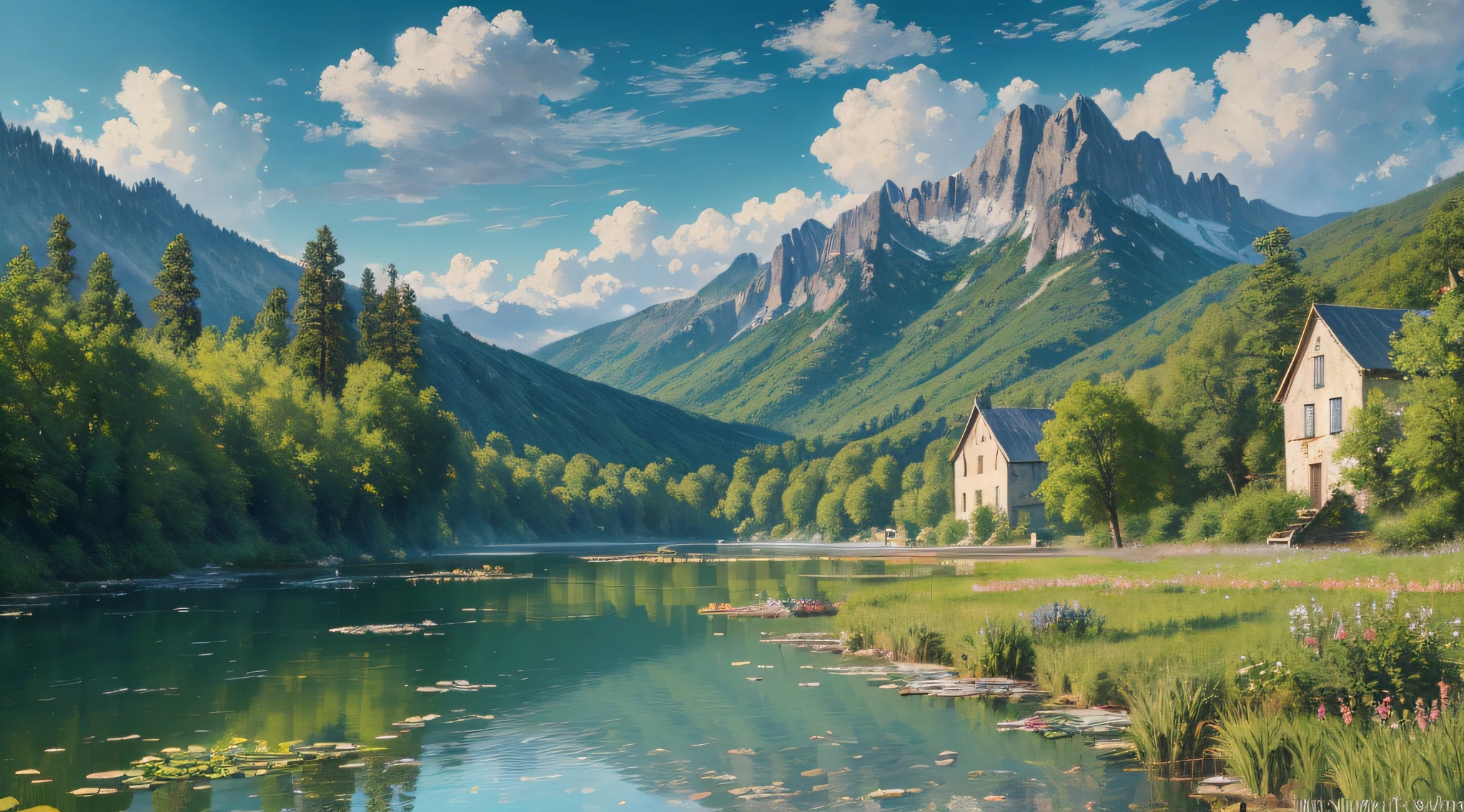 Monet's oil painting, majestic, mountains, waterfalls, forests, white clouds, lakes, villages, 8K, fine detail, high definition --auto --s2