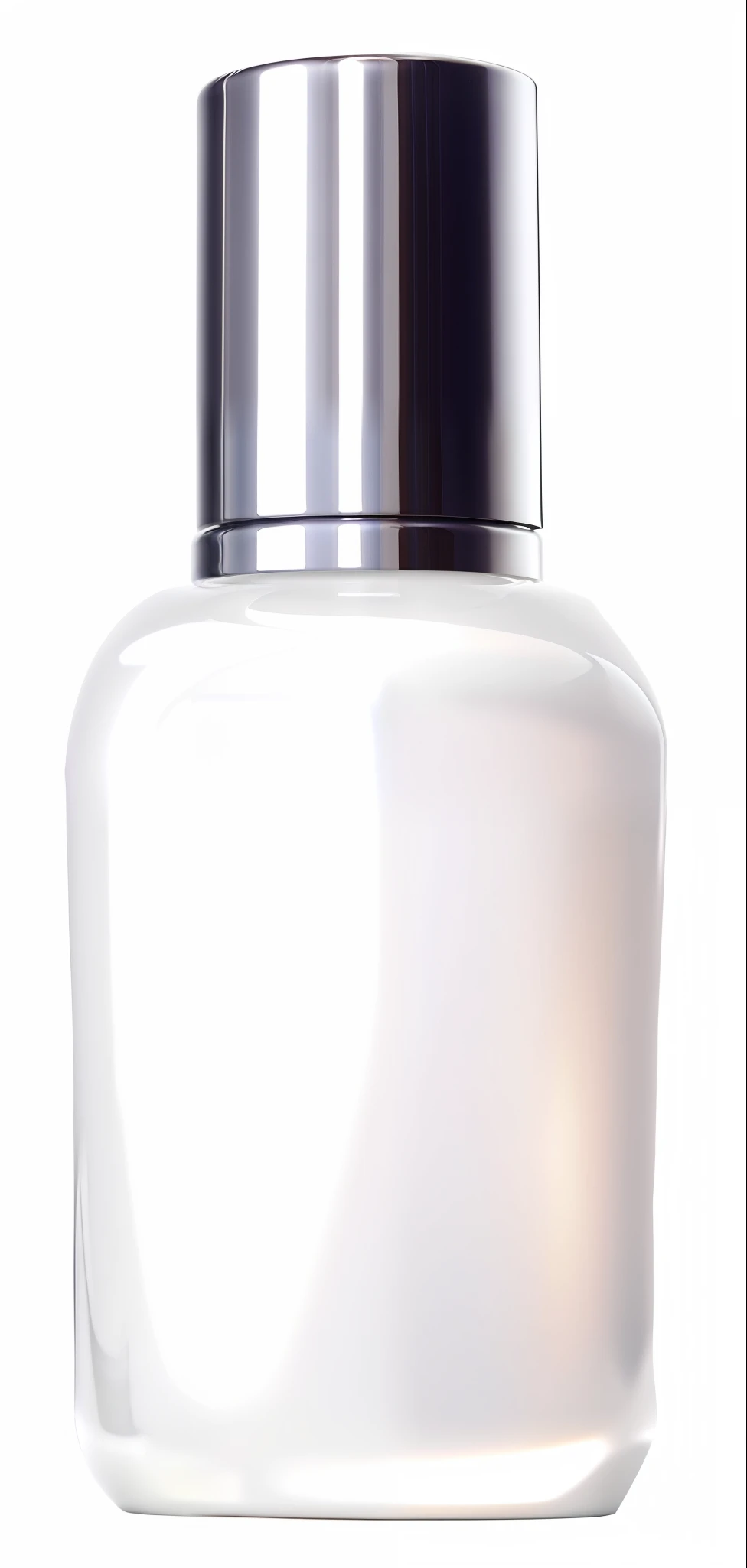 a white bottle of lotion with a silver lid, 3 d white shiny thick, smooth shading, bottle, smooth light shading, pearlescent white, round bottle, simple shading, high quality topical render, white pearlescent, porcelain white skin, glossy white, detailed white liquid, perfume bottle, semi realistic, white porcelain skin, white shiny skin, translucent white skin