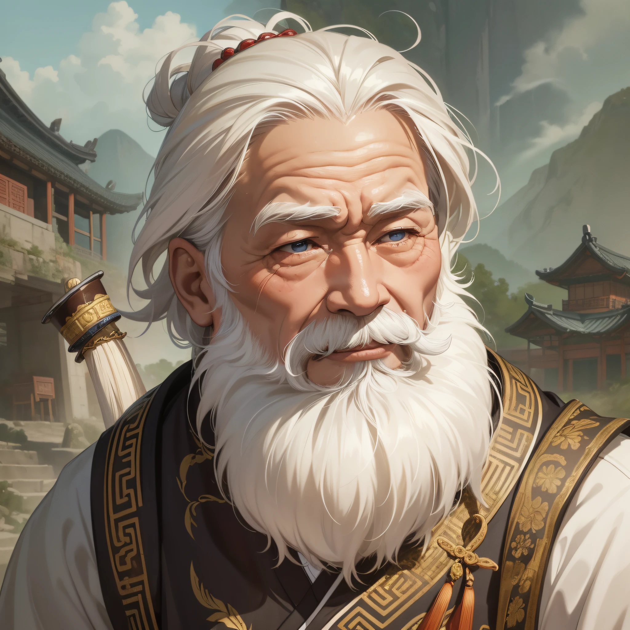 Absurd resolution, high resolution, hyper-detail, ancient China, a vicissitudes old man with white hair and a long white beard looking at the camera, sad eyes (1.3) laughing (1.5), the background is shabby grass hut 1.5, sadness (1.2), (Chinese Tang dynasty 1.5) wearing shabby Chinese Hanfu 1.3 (upper body display 1.5) ((weak 1.5) (sick 1.5)