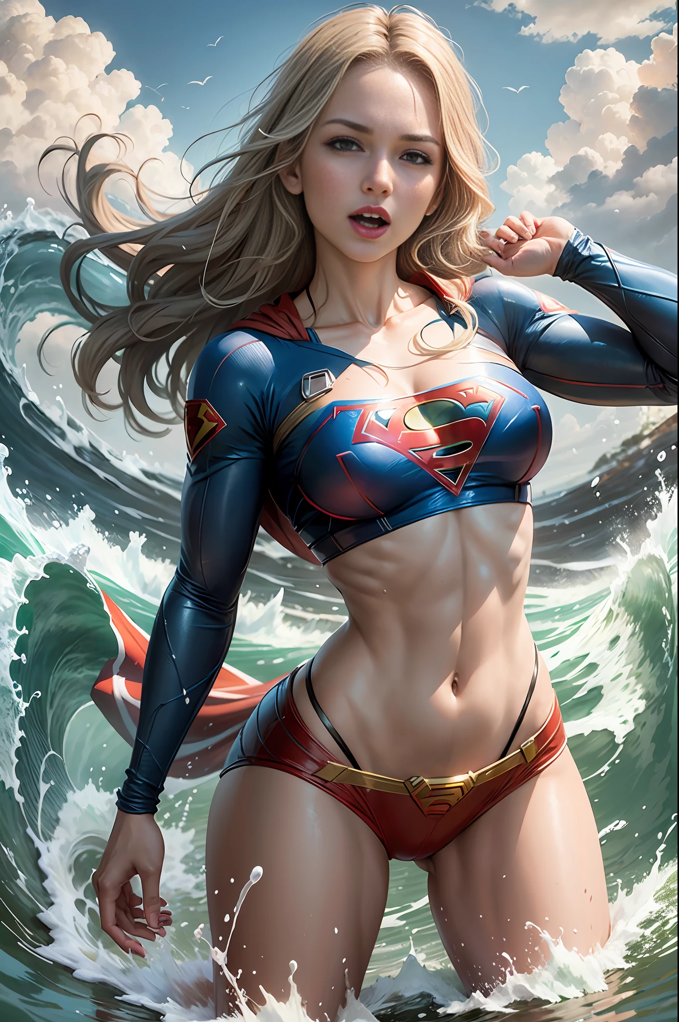 Best Quality, Masterpiece, (Realistic: 1.2), Photo-Realistic, Only One Supergirl in a Bikini Flying at the Water Wave of a Lake, Chest Forward, Mouth Open --auto --s2