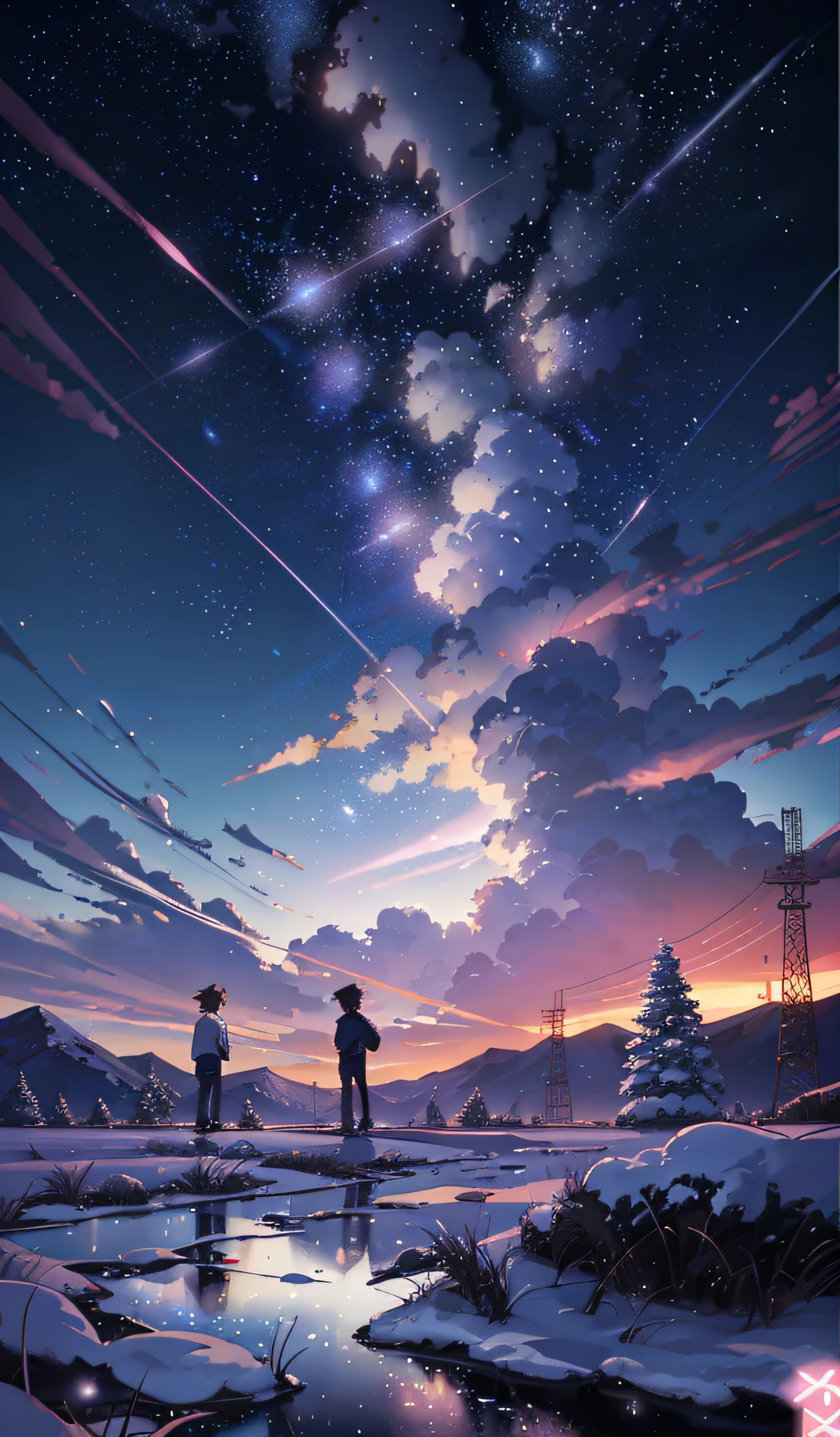 An anime scene of two people standing on a snowy field with the sky in the background, inspired by Makoto Shinkai's anime drawings, trending on pixiv, concept art, Cosmos Sky. Author: Makoto Shinkai, beautiful anime scene, Makoto Shinkai Cyril Rolando, anime art wallpaper 4k, anime art wallpaper 4k, anime sky, anime beautiful peaceful field ((((Makoto Shinkai style)), pixiv, anime drawing, High resolution, pink sky, beautiful scene), (universe, train passing, magic realism, ((makoto shinkai style)) ::0.8), [art atmosphere, atmosphere:0.8, starry sky, hills, snow mountain , sparkling water, grass, trees, smoke, stars, low angle of view, specular light scattering, detail enhancement. Character details are complete.