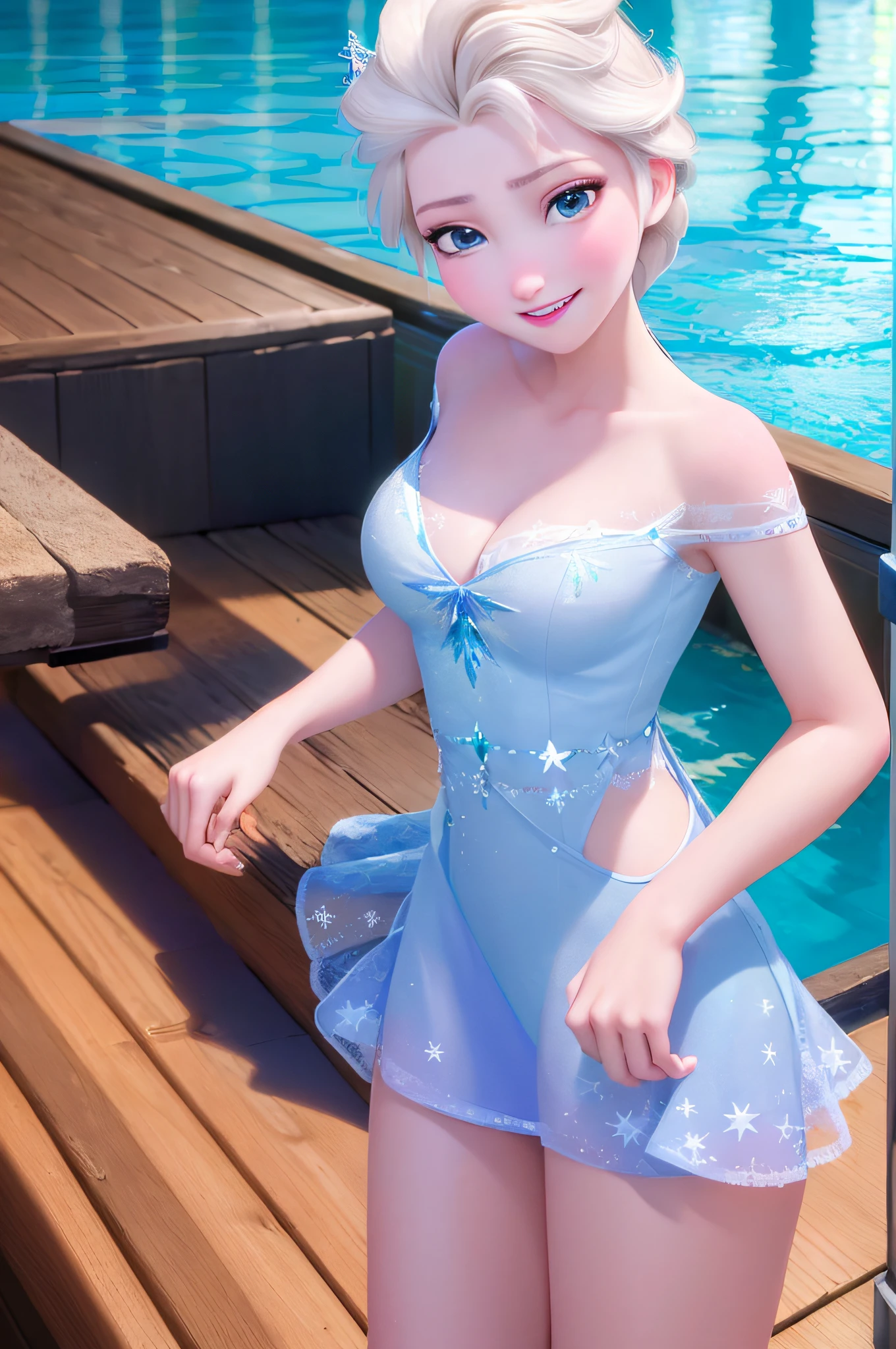 (masterpiece:1.4), (best qualit:1.4), (high resolution:1.4),elsa of arendelle, smile bikini, winking, marin kitagawa pose, bathhouse, pool, crossed legs