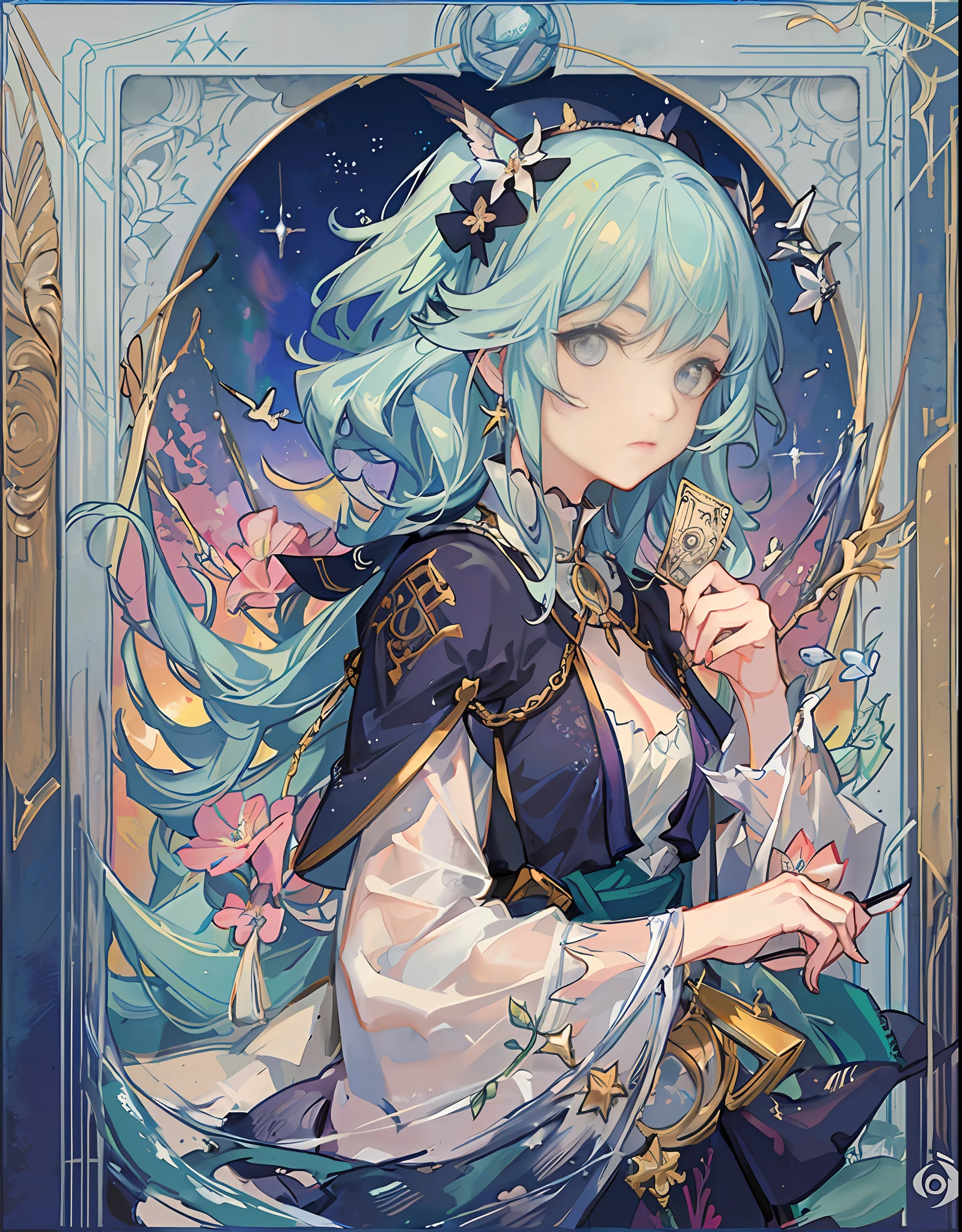 (Golden Ratio: 1.2),(2 Girls: 1.2),(Watercolor: 1.3),[(White: 1.4)::10],(Fool: 1.2),(Ultra Detail: 1.3),(Tarot Cards: 1.6),(Fool's Tarot: 1.6),(Beautiful:1.6),Glass-like Eyes,Adventurer Wakame,Wakame,Wakame