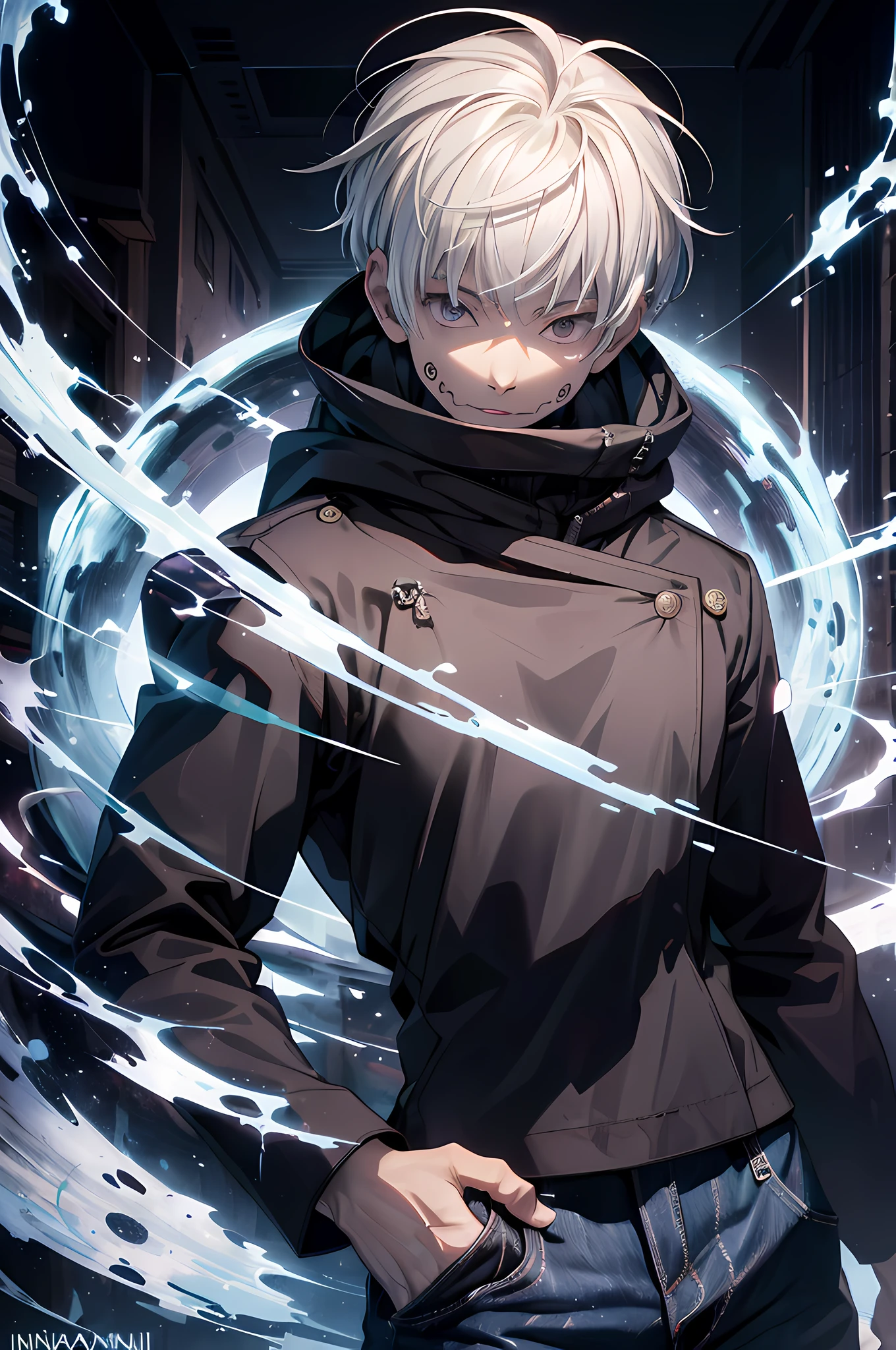 (absurdres, highres, ultra detailed, HDR), masterpiece, best quality, 1man, solo, handsome, short hair, inumaki toge, facial tattoo, white hair, black jacket, jeans, closed mouth, swirl, vortex