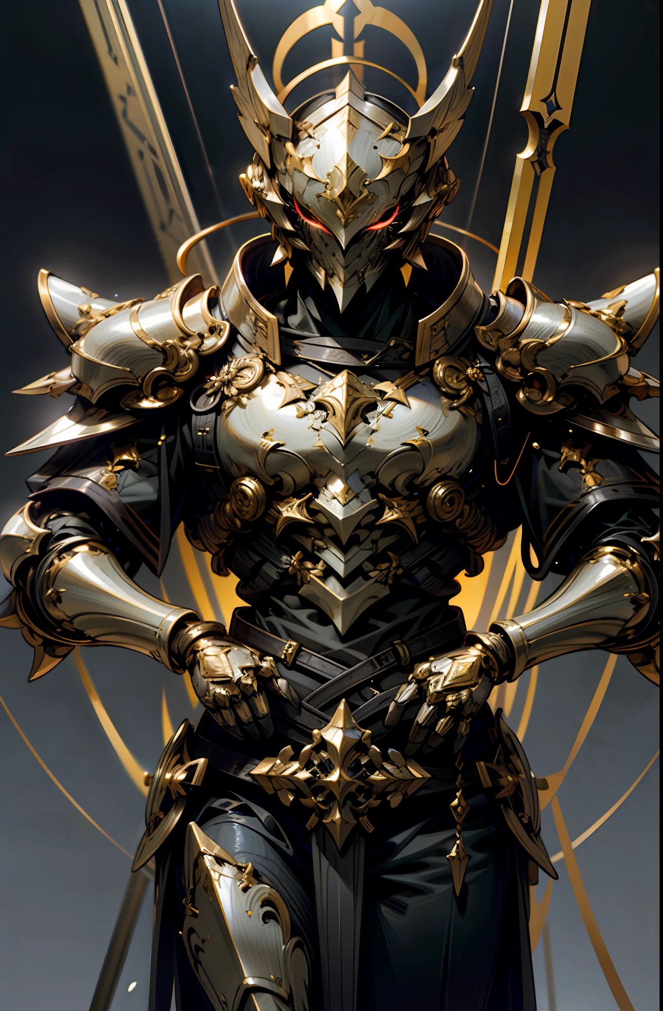 Armor, mainly gold, armor core on the chest, golden streamer, armor, red eye, best quality, high resolution, exquisite details, excellent details, perfect lighting, male