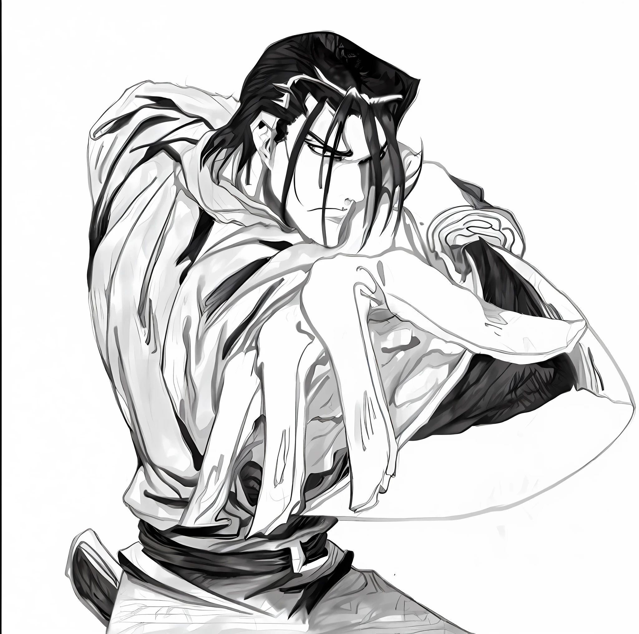 a drawing of a man holding a sword in his hand, shikanosuke yagaki, kentaro miura manga style, manga style of kentaro miura, inspired by Sugimura Jihei, kentaro miura manga art style, tsurumaki kazuya, akiyuki shinbou, shinkiro toshiaki mori