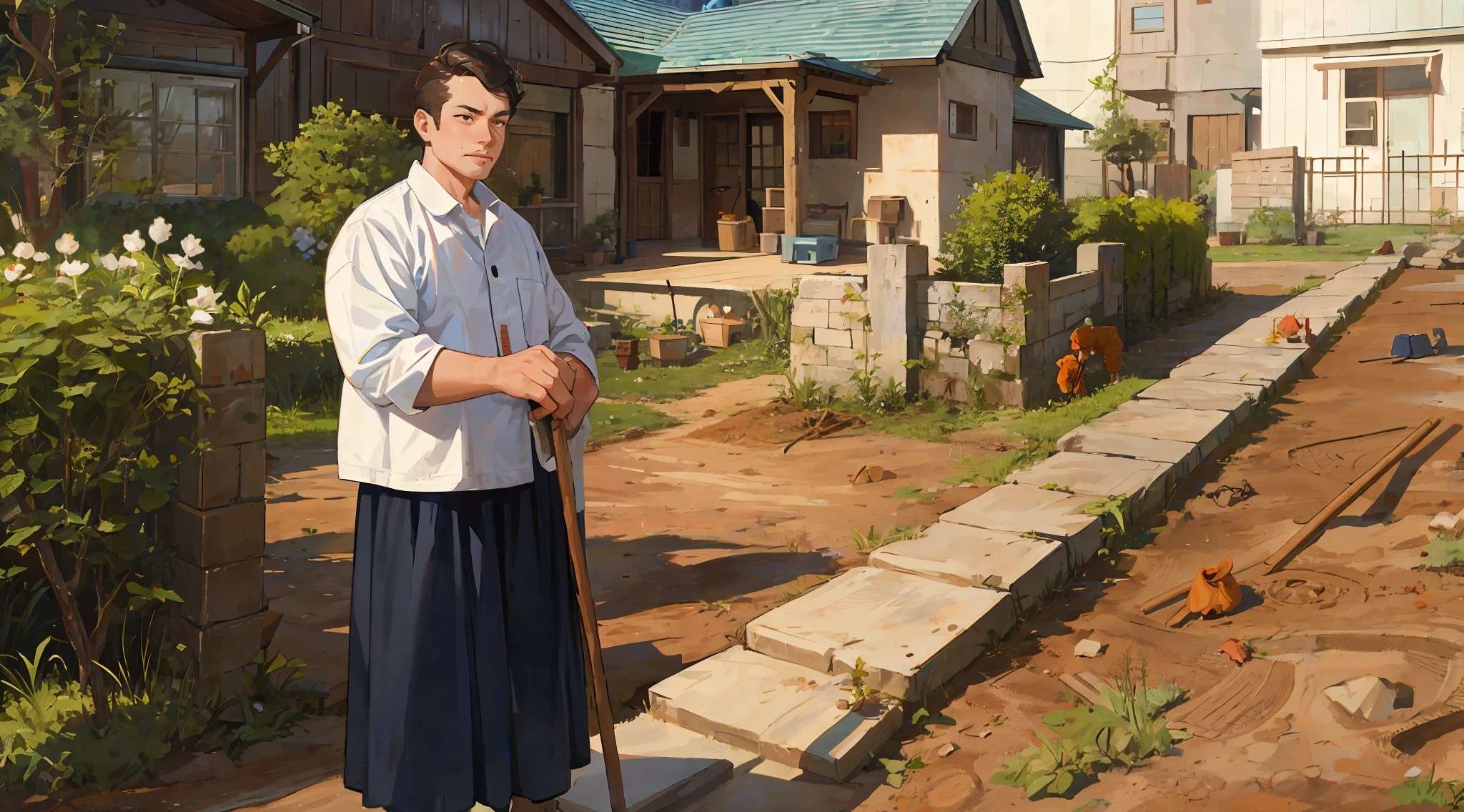 A person stands in the yard of his house, digging things, stick figures, and the proportion of characters is small