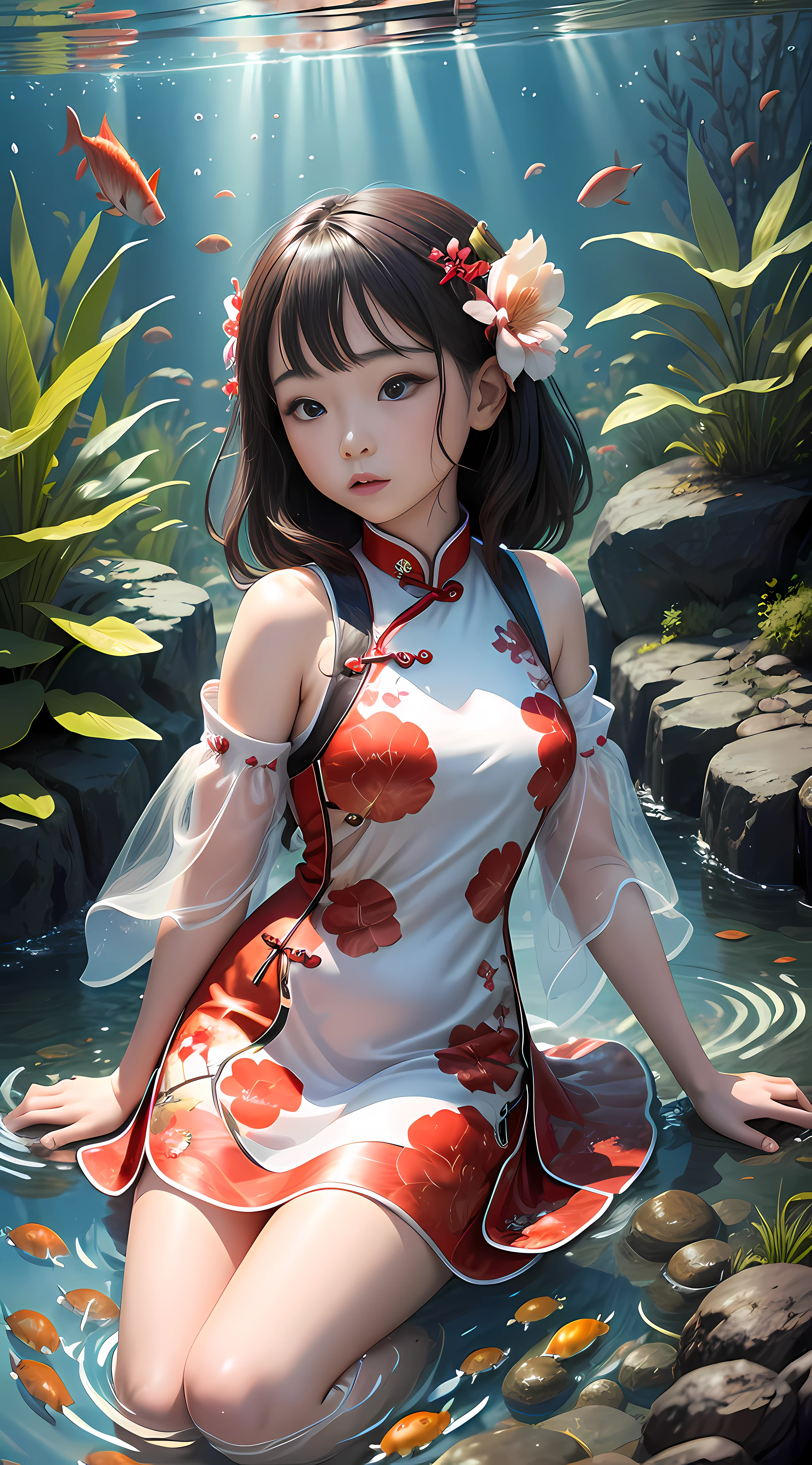 Looking up from under the water,A fish pond with red and white carp,girl wearing cheongsam by the fish pond,Underwater camera shoots skyward,This scene uses ray tracing technology,High-quality details rendered by the virtual engine。Scene elements include:fish pond、red and white carp、girl in cheongsam , --q 1 --ar 9:16 --niji 5 --auto --s2