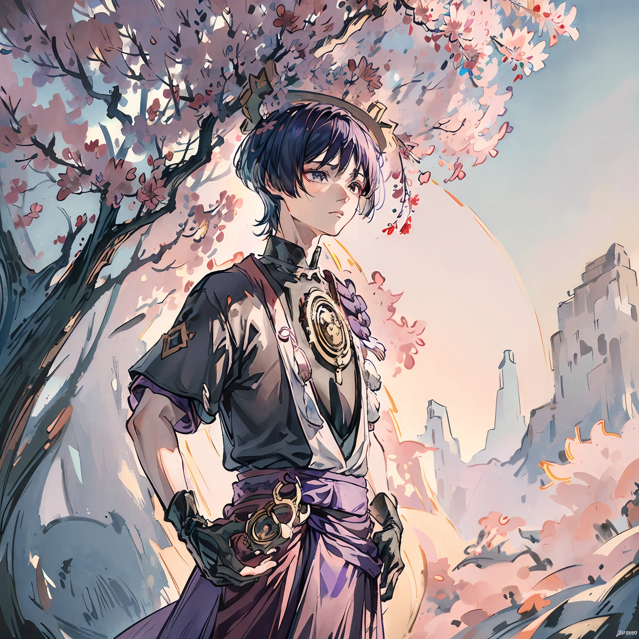 an ultra-detailed CG unity 8k wallpaper showcasing a masterpiece of a young man. The subject, with a bowl cut of dark purple hair, stands softly in a picturesque sakura field, wearing flowy clothing as petals dance around him. The imagery is lush, with the colors of the scene coming in a high saturation.