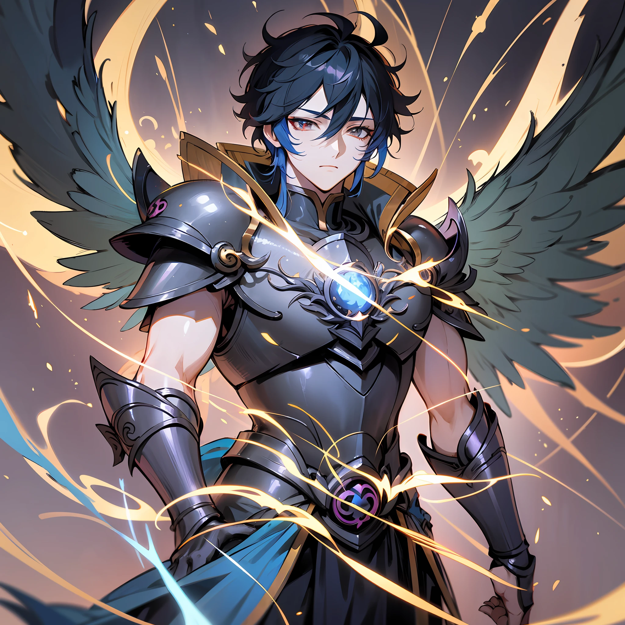 Japanese manga style, Genshin painting style, Hades in Saint Seiya, Hades armor, glare on the body, bust photo, perfect composition and lighting, pitch-black armor, three pairs of wings --auto --s2