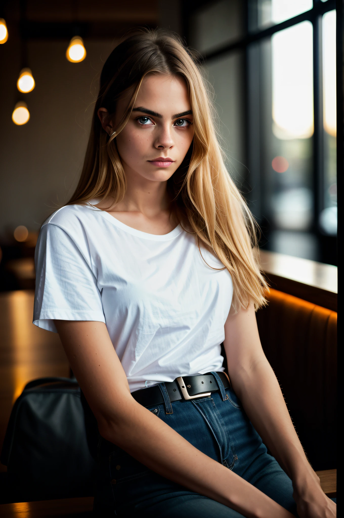 beautiful woman, long straight blonde hair, wearing a white t-shirt without print, wearing leather belt, front view (sitting inside a modern restaurant at night), Cara Delevingne, very detailed, 30 years, natural wave hair, blue eyes, high-res, masterpiece, best quality, intricate details, highly detailed, sharp focus, detailed skin, realistic skin texture, texture, detailed eyes, professional, 4k, Canon shooting, 85mm, shallow depth of field, kodak color vision, perfect fit body, extremely detailed, photo_\(ultra\), photorealistic, realistic, post-processing, maximum detail, roughness, real life, ultra realistic, photorealism, photography, 8k uhd, photography (grain of film) medium shot for closeup shot atmospheric dark lighting