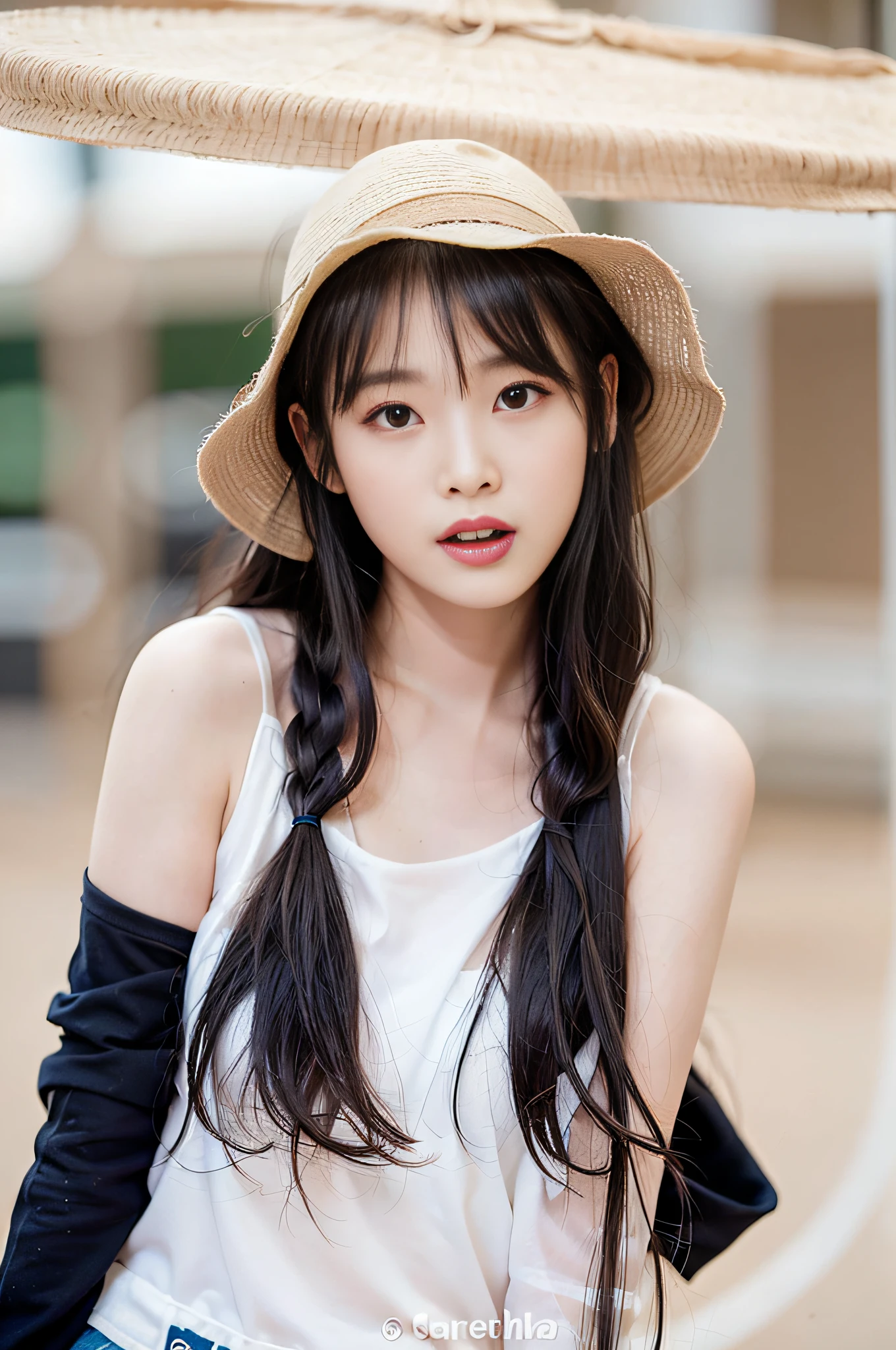 High quality, gentle and delicate, beautiful paintings. In the picture, the long-haired girl in a hat is wearing a white vest, long black hair, short bangs in front of her eyes, and thin braids on both sides, showing the beauty of an East Asian girl, while her body is slender and well-proportioned, full of youthful atmosphere. She appears in the picture with two girls with long two-tailed hair, one with a round and cute Asian face, and the other with a playful and pleasant Korean face, their hair is neatly combed, giving a fresh and vulgar feeling. --auto --s2