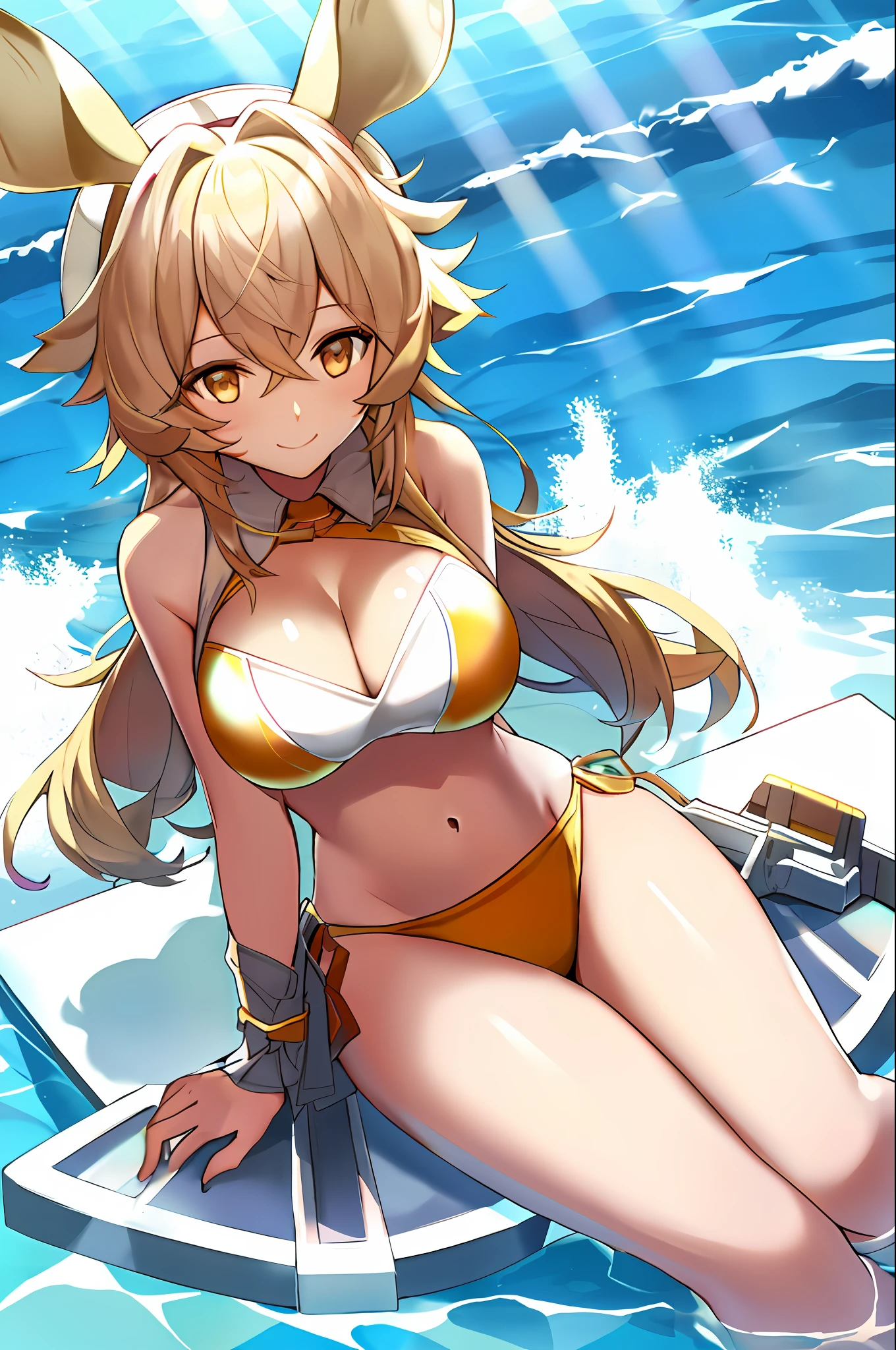 (bikini,animal ears), 1girl, solo, shining, radiant volumetric light, god rays, large breasts, cleavage, thighs, smile