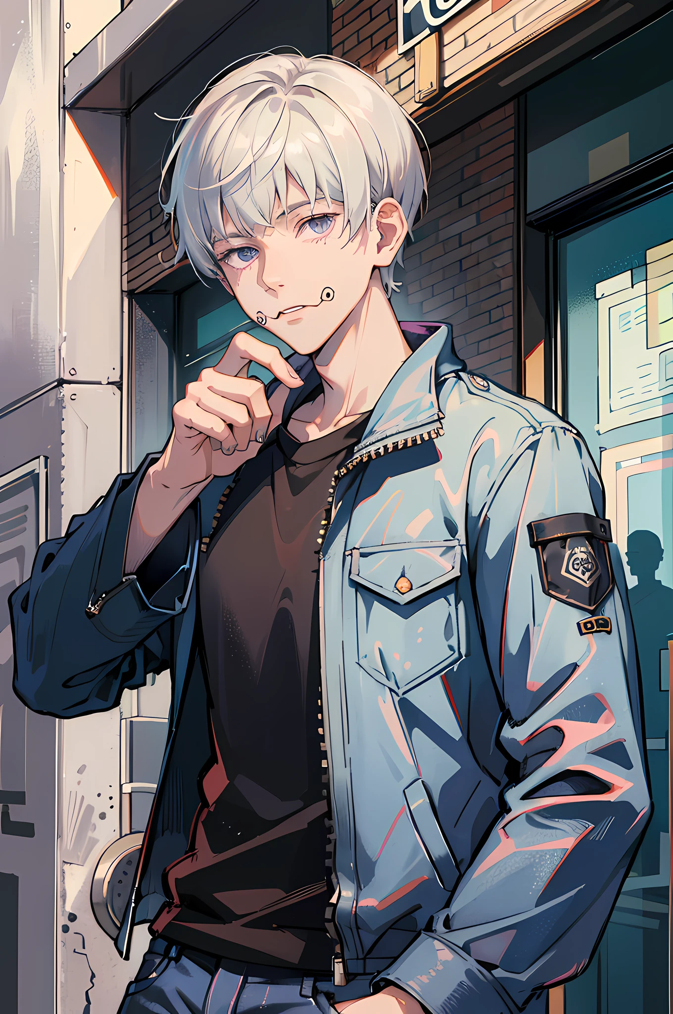 (absurdres, highres, ultra detailed, HDR), masterpiece, best quality, 1man, solo, handsome, short hair, inumaki toge, facial tattoo, white hair, black jacket, jeans, closed mouth, pickpocket