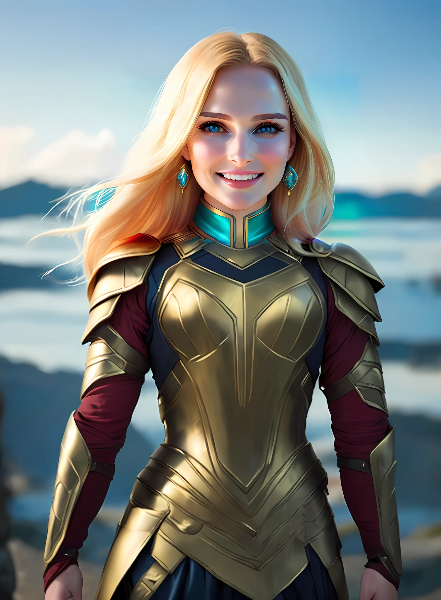 lady thor,golden hair,in a goddess half body armour of bronze and gold with sapphires