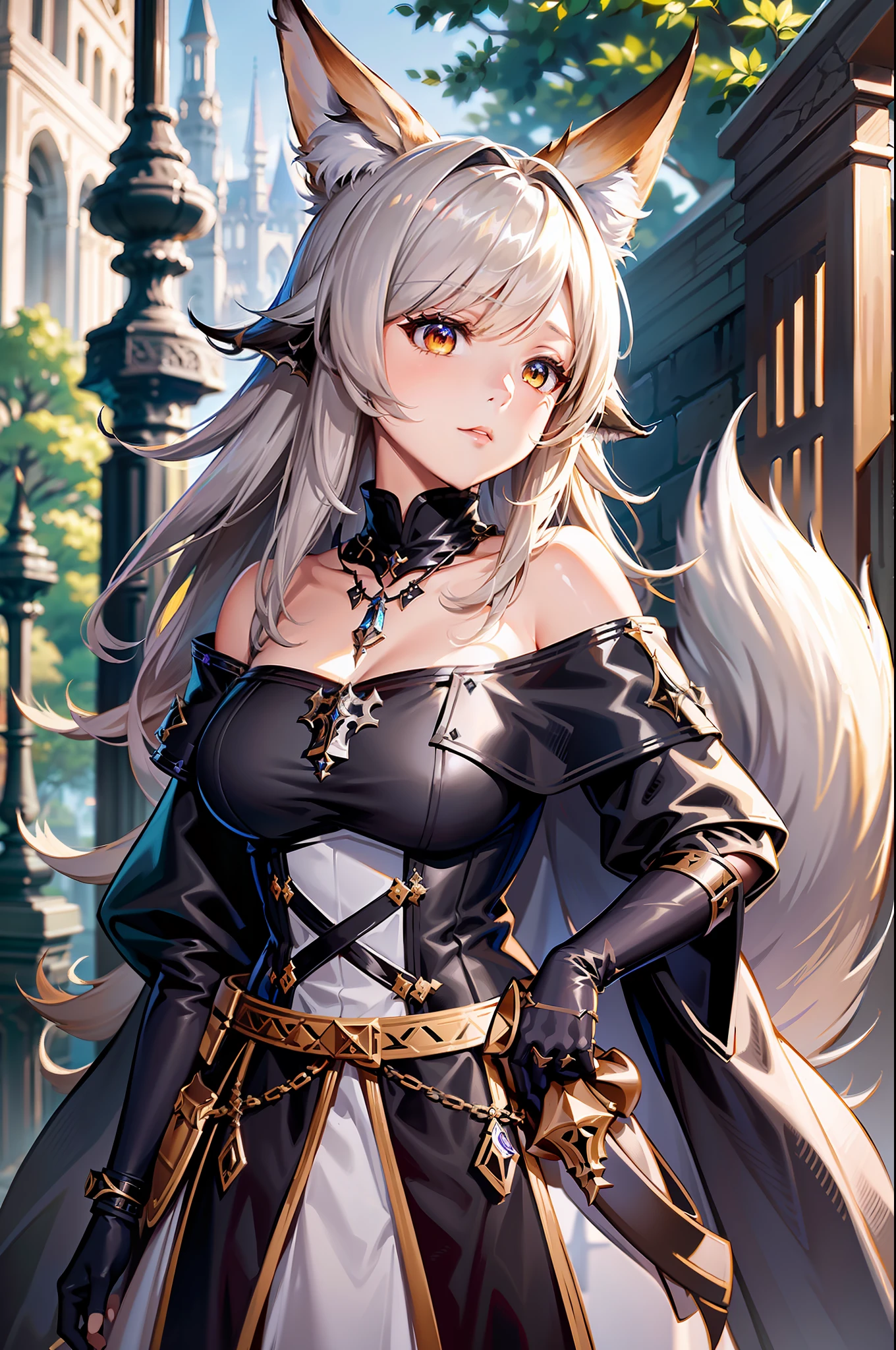 Medieval, extremely detailed CG wallpaper, (arknights: 1.01), (cygames: 1.03), solo, a woman wearing an off-the-shoulder skirt, jeweled necklace, (big fox tail: 1.45)