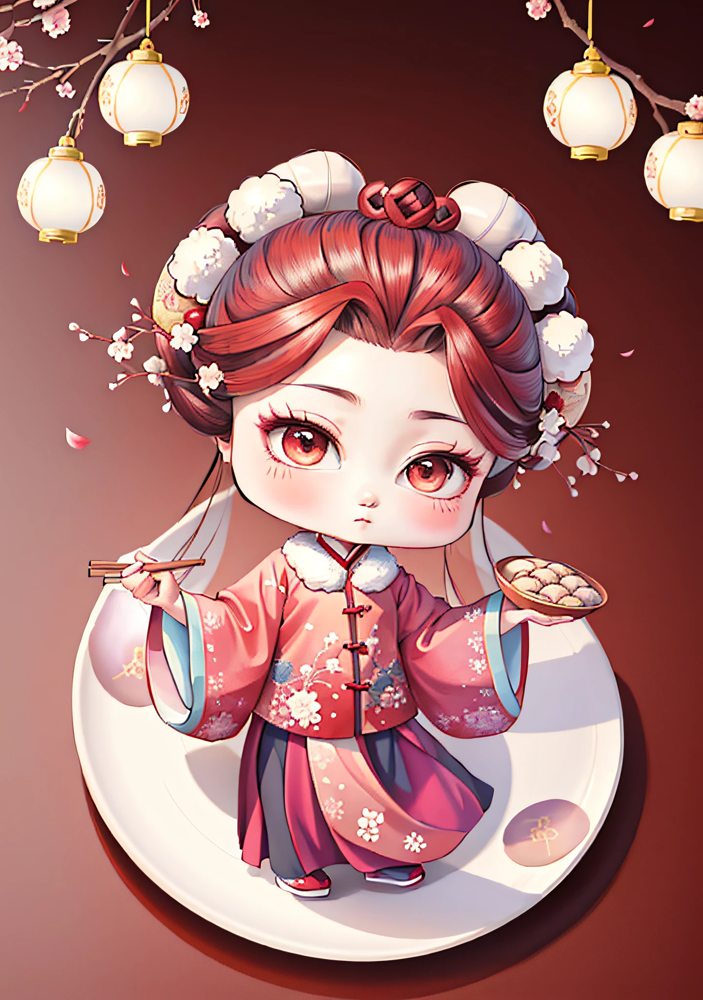 A Chinese girl in Hanfu, holding a plate of dumplings, winter, winter solstice, chopsticks, brown hair, ancient Chinese hair bun, pattern, cool color matching, hair balls on both sides, some plum blossom hair, bright color blocks, bright colors, line art, infinite details, fine painting, exquisite depiction, blank background 8k,