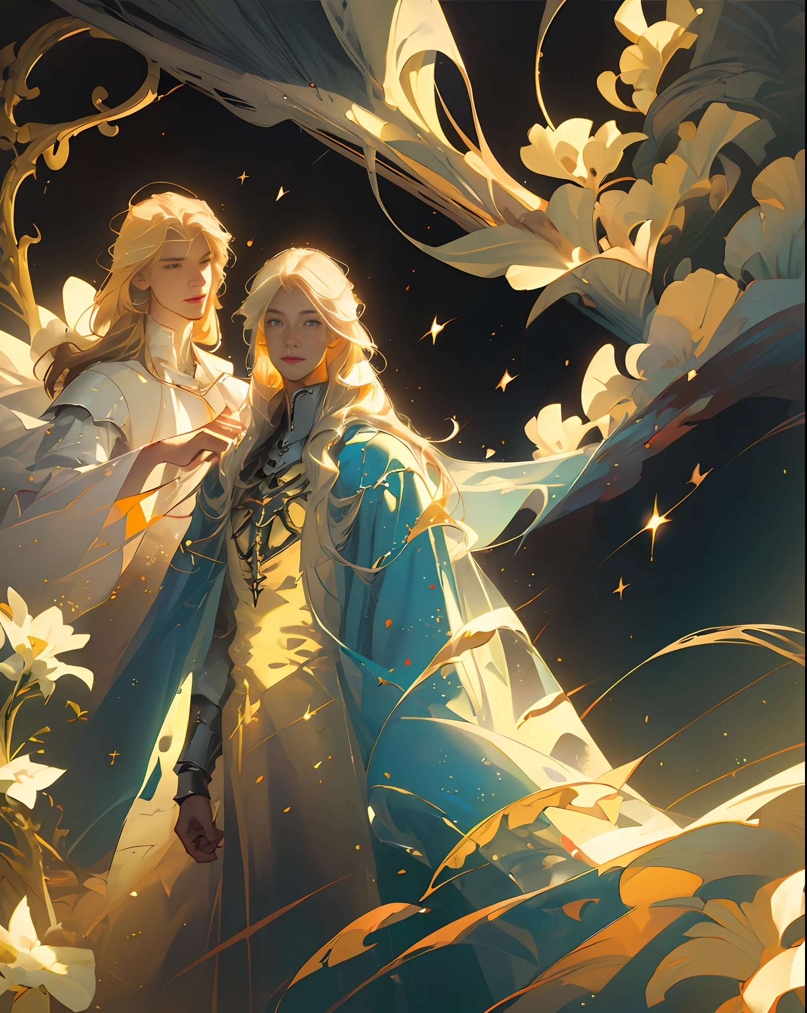 ((top quality, masterpiece)), comic art, concept art, two very beautiful young men smiling at each other (blond long-haired young man in robes and strong male knight with short black hair), angel, smile, pose, particle, wind, flower, upper body, simple background, look at viewer, use backlight and rim light