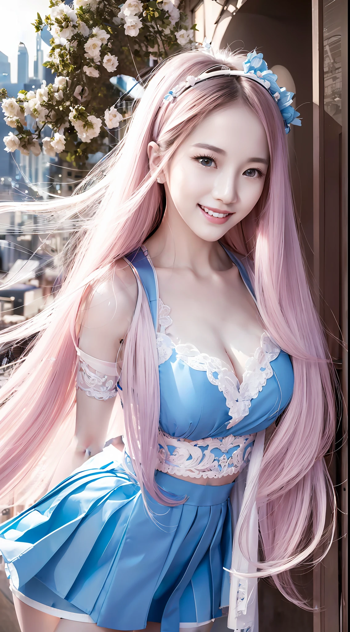 Official Art, Masterpiece, Sharp Focus, (Beautiful Gorgeous Cute Korean Woman: 1.3), (Beautiful and Cute Korean: 1.3), Korean Beauty, Delicate Beautiful Hair and Eyes and Face, Realistic, Ultra Detailed, Beautiful Girl, Blue Sky, Glowing White Particles, (Sidelighting: 1.2), Sunlight, White Clouds, Detailed Clouds, Slender, Toothy Laugh, ((Laughing with Eyes Open)), Landscape, Long Straight Hair, Sexy Facial Expressions, Architecture, (Cityscape:1.7), Dynamic Hair, Long Straight Hair, Delicate Platinum Pink Hair, Glowing Blue Eyes, (Blue Pleated Shirt + White Skirt), White Stockings, Pale Skin, Hair Accessories, Epic Landscape,