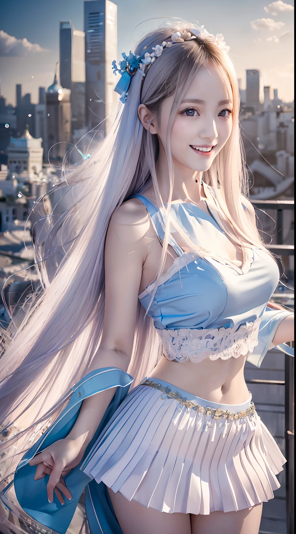 Official Art, Masterpiece, Sharp Focus, (Beautiful Gorgeous Cute Korean Woman: 1.3), (Beautiful and Cute Korean: 1.3), Korean Beauty, Delicate Beautiful Hair and Eyes and Face, Realistic, Ultra Detailed, Beautiful Girl, Blue Sky, Glowing White Particles, (Sidelighting: 1.2), Sunlight, White Clouds, Detailed Clouds, Slender, Toothy Laugh, ((Laughing with Eyes Open)), Landscape, Long Straight Hair, Sexy Facial Expressions, Architecture, (Cityscape:1.7), Dynamic Hair, Long Straight Hair, Delicate Platinum Pink Hair, Glowing Blue Eyes, (Blue Pleated Shirt + White Skirt), White Stockings, Pale Skin, Hair Accessories, Epic Landscape,