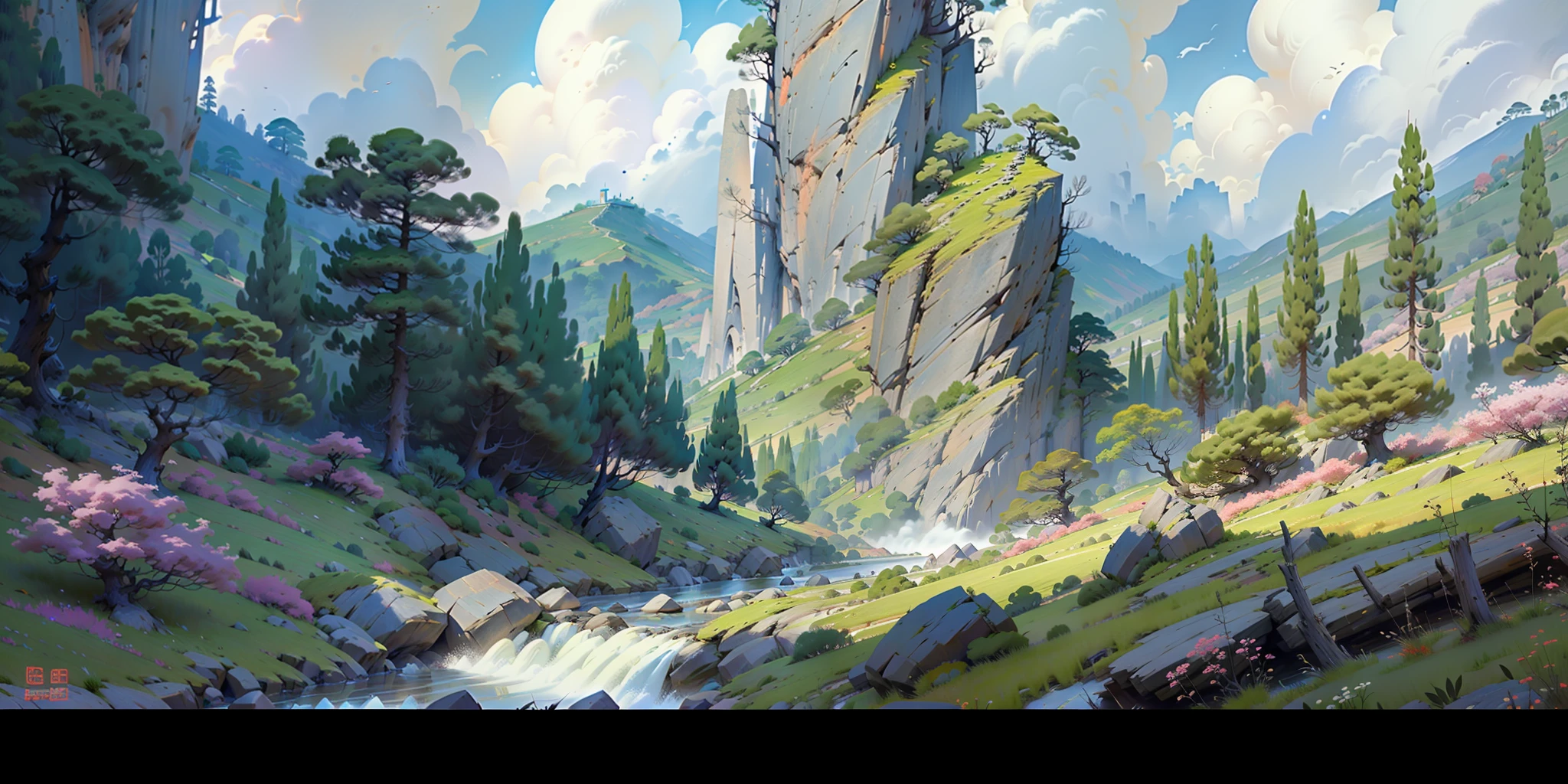 Ancient Chinese landscape, mountains, rivers, auspicious clouds, sunlight, masterpiece, super detail, epic composition, ultra high definition, high quality, extremely detailed, official art, uniform 8k wallpaper, super detail, 32k -- v 6