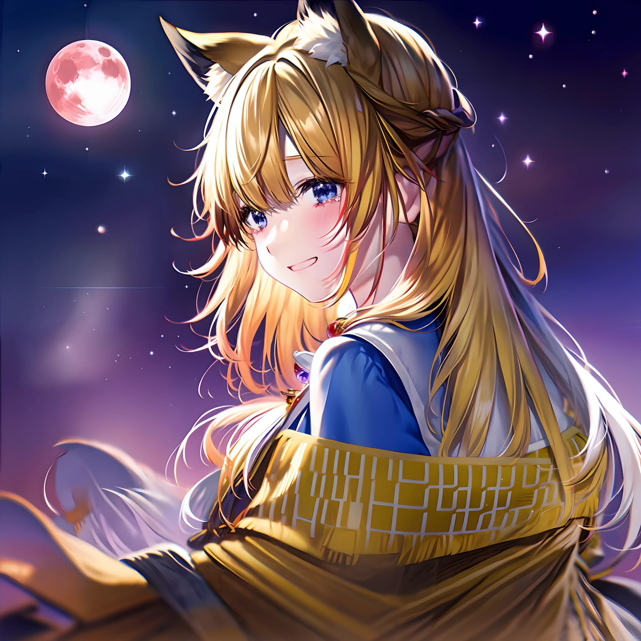 Fox personification, 1 girl, (from behind:1.4), yellow long hair, white inner color, solo, red full moon, starry sky, (sad smile crying: 1.8), looking back, blushing, yellow kimono, small necklace, upper body,