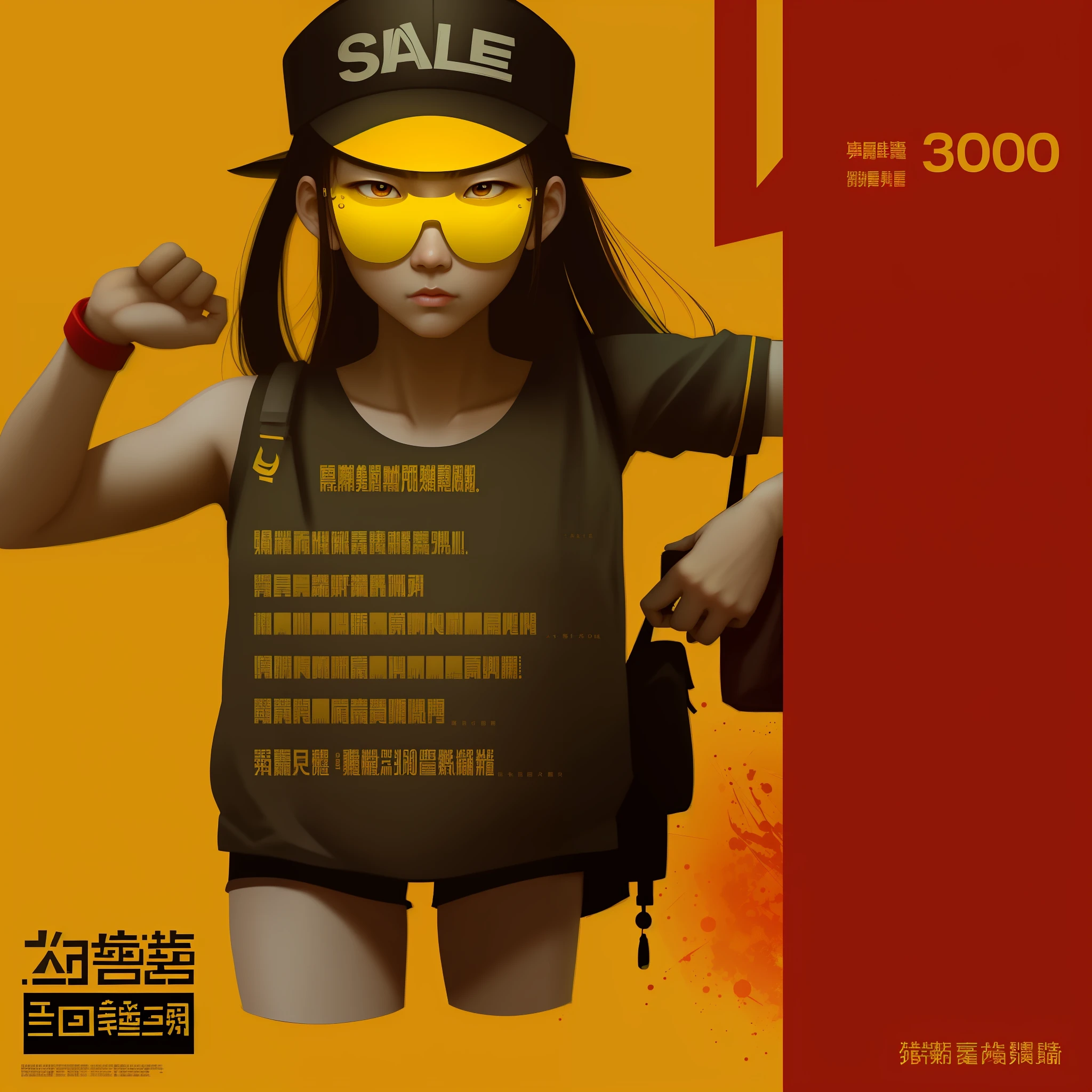 Make a simple text-only version of the poster, the main title is "Summer Sale", the subtitle is full 300 minus 50, expressed in Chinese text, modern style, red and yellow tones, the overall concise and clear, with text focus, and fashion elements