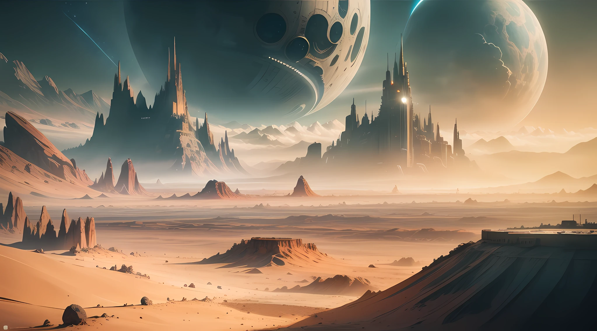 (Analog Style), Eschatological style wide angle, scifi future landscape, ((futuristic city in the distance)), (barren landscape with mountains similar to mars), (2 moons in the sky), beautiful clouds, haze:0.15, epic scenery, (cinematic), volumetric lighting, subsurface scattering, subtle shading, good highlights, good composition, beautiful colors, dramatic, intricate, detailed, perfect lighting, perfect shading, volumetric lighting, (highest quality, award winning, masterpiece:1.3), (Science Fiction Poster), (Photorealistic:1.7), (Realistic:1.5), (Orange & Blues), landscape,