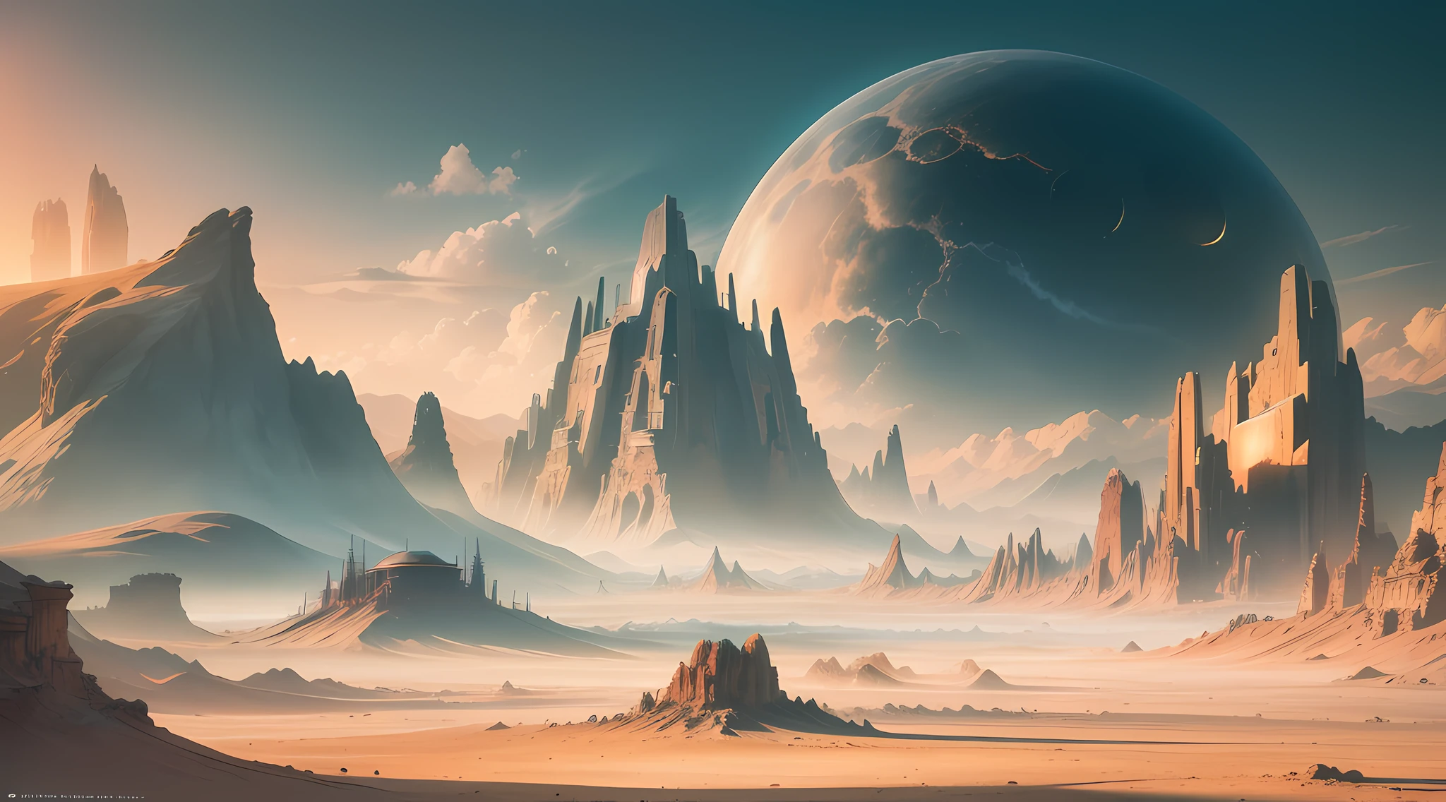(Analog Style), Eschatological style wide angle, scifi future landscape, ((futuristic city in the distance)), (barren landscape with mountains similar to mars), (2 moons in the sky), beautiful clouds, haze:0.15, epic scenery, (cinematic), volumetric lighting, subsurface scattering, subtle shading, good highlights, good composition, beautiful colors, dramatic, intricate, detailed, perfect lighting, perfect shading, volumetric lighting, (highest quality, award winning, masterpiece:1.3), (Science Fiction Poster), (Photorealistic:1.7), (Realistic:1.5), (Orange & Blues), landscape,