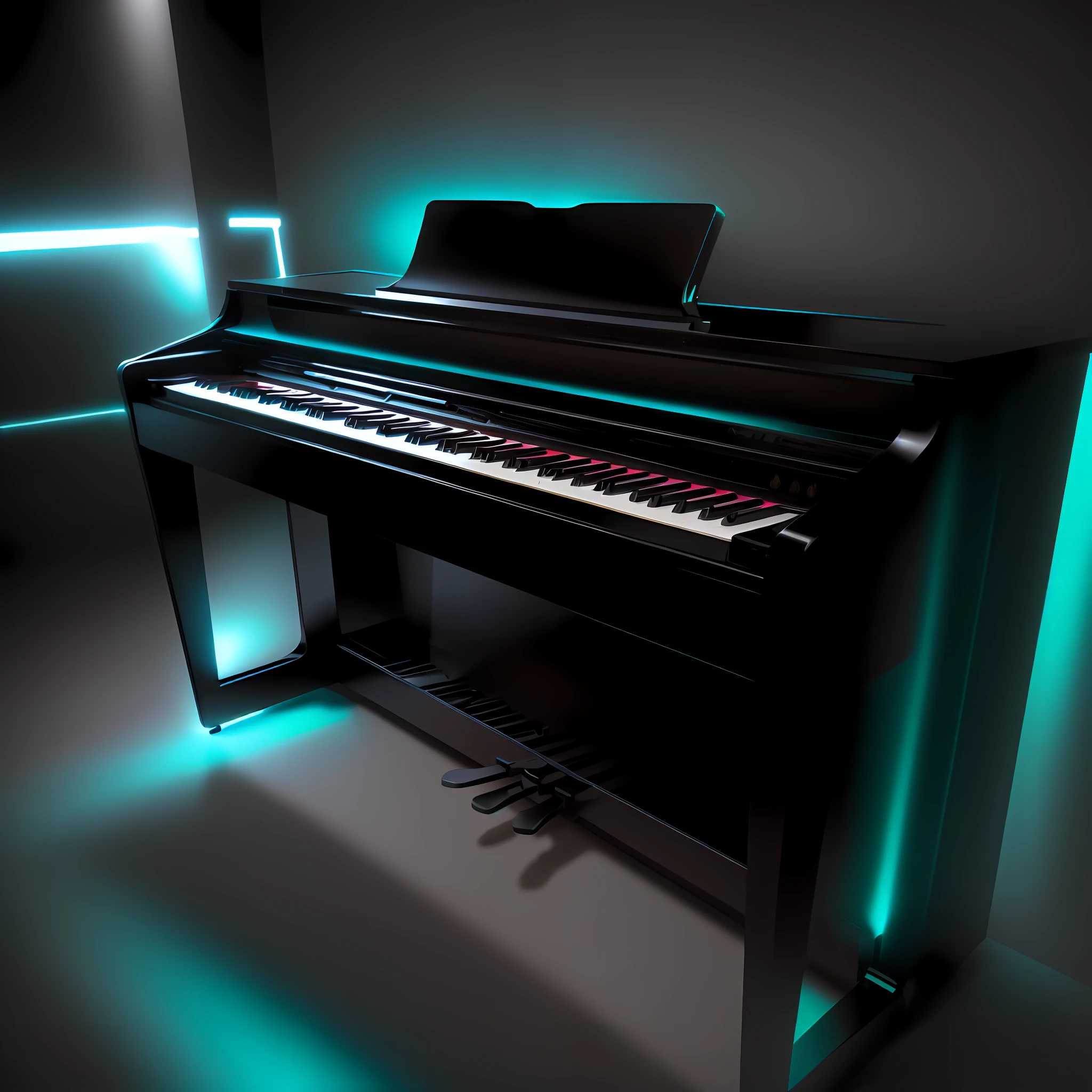 A black upright piano with light bar, cyan light strip, feminine favorite color atmosphere, creative light bar and piano fusion work, low piano design