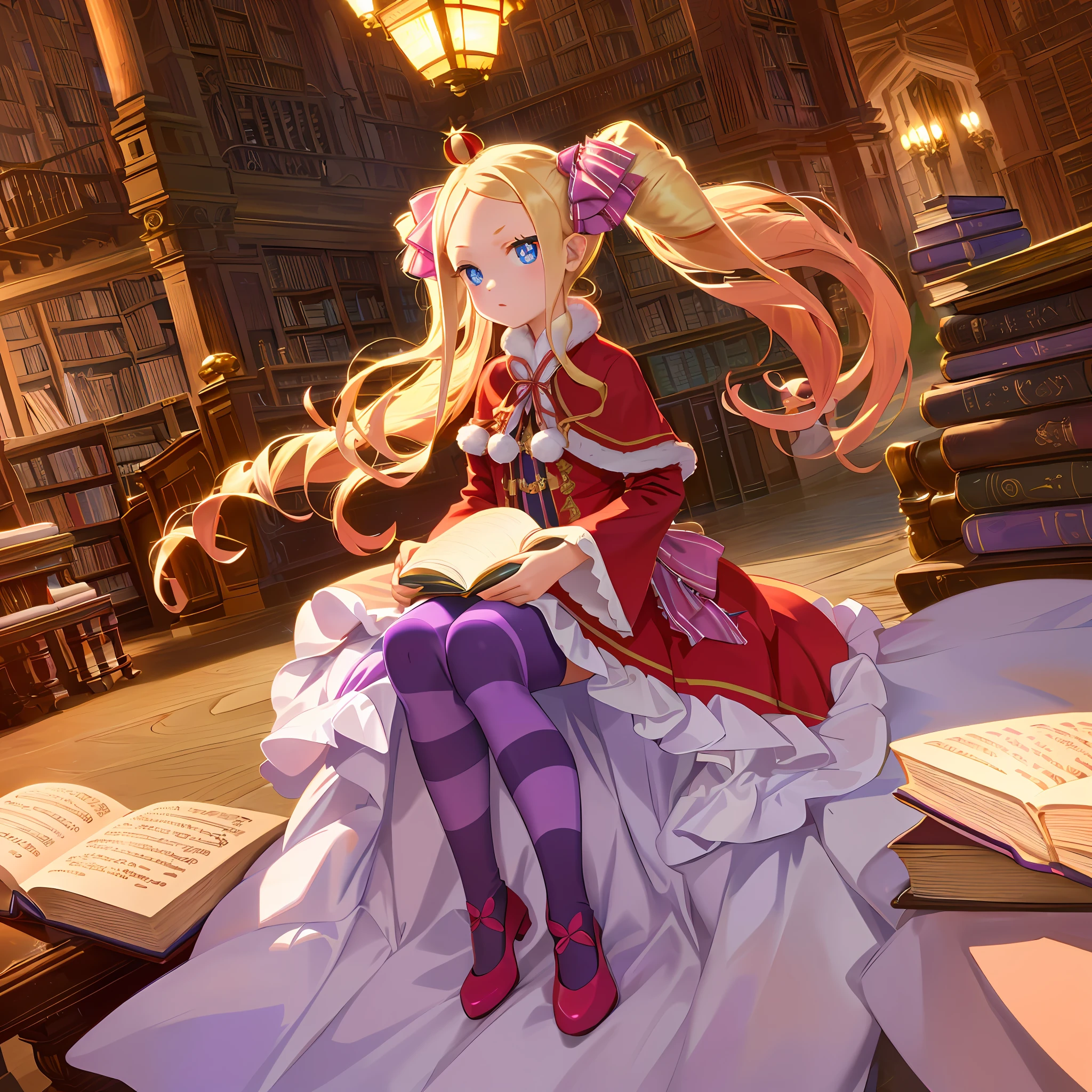 highres, 1girl solo, ((female child, red dress, red crown, blonde hair, blue eyes, library, purple thighhighs, ribbon)),