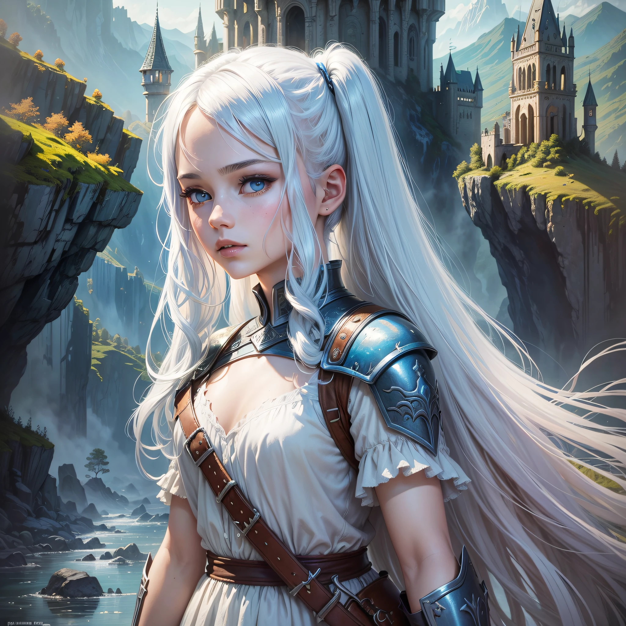 (highest quality)), ((masterpiece)), (ink)), majestic complex and detailed soft oil painting by Jim Lee, majestic vast and beautiful alien fantasy landscape, castle, ruined fortress, river mountain, plain, iridescent color palette, waterfall forest, depth of field, film grain, smooth, roughness, real life,backlit, hard edge lighting, cinematic The Lord of the Rings film stills | krull | Cannibal Holocaust (top quality, masterpiece), one girl, (female-centric), ahoge, white blue hair, (white shirt), (overfitted shirt)), long hair, standing, twintails, [[mild heterochromia]], holding a sword --auto --s2