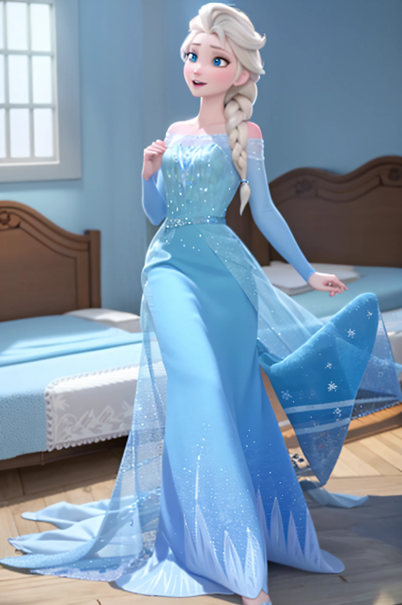 elsa of arendelle, blue ice dress, single braid, backside, bedroom, sexy