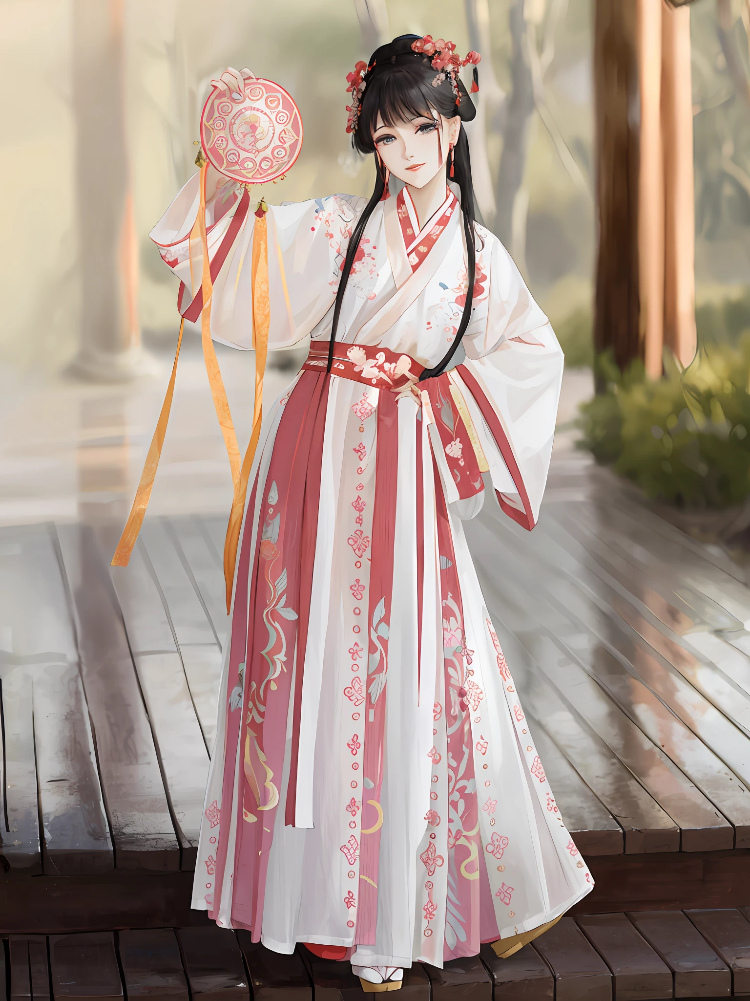 araffe woman in a traditional chinese dress holding a fan, white hanfu, hanfu, palace ， a girl in hanfu, wearing ancient chinese clothes, with acient chinese clothes, traditional chinese clothing, pale and coloured kimono, chinese costume, flowing magical robe, traditional chinese, chinese dress, ancient chinese princess, long beautiful flowing kimono, traditional beauty